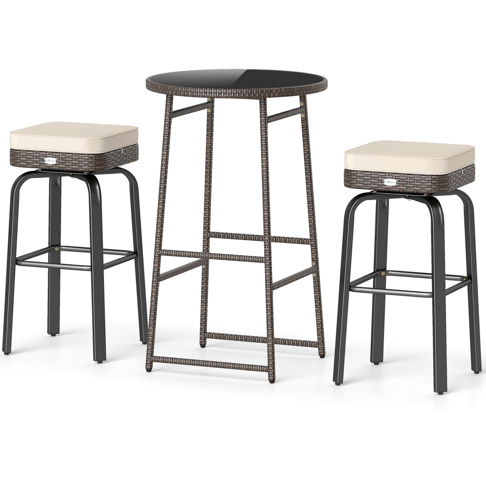 Alt View 9. Costway - Costway 3 PCS Outdoor Swivel Bar Set with 2 Chairs, Tempered Glass Top, Soft Cushions - Off-White.