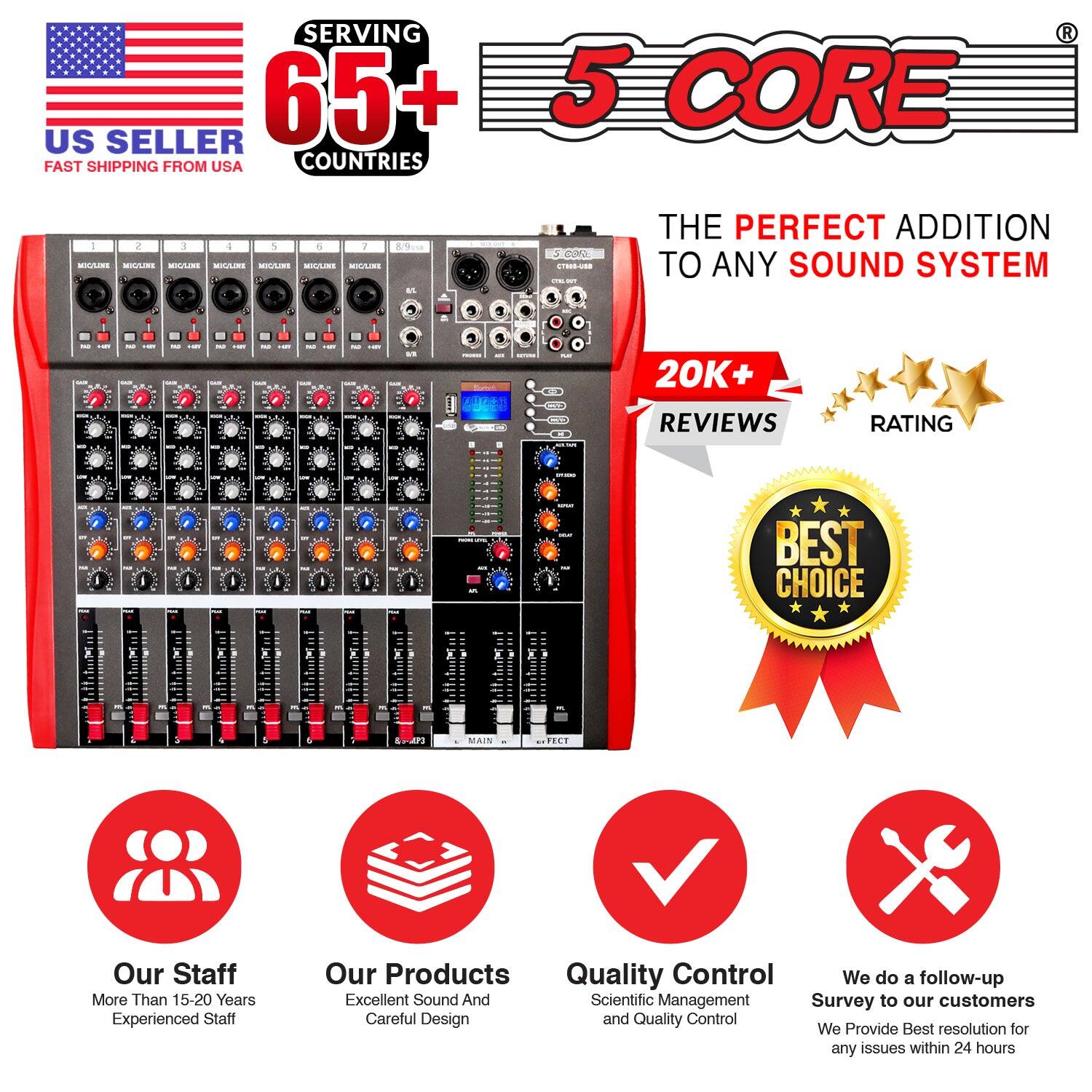 **SERVING 65+ COUNTRIES**  
**US SELLER**  
FAST SHIPPING FROM USA  

**5 CORE**  

**THE PERFECT ADDITION TO ANY SOUND SYSTEM**  

**20K+ REVIEWS**  
**RATING**  

**BEST CHOICE**  

**Our Staff**  
More Than 15-20 Years Experienced Staff  

**Our Products**  
Excellent Sound And Careful Design  

**Quality Control**  
Scientific Management and Quality Control  

**We do a follow-up Survey to our customers**  
We Provide Best resolution for any issues within 24 hours