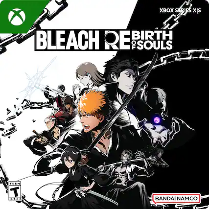 The text on the image is grouped as follows:
"Xbox Series X|S"
"Bleach: Re:Birth of Souls"
"Teen Rating"
"Bandai Namco" - T (Teen 13+)