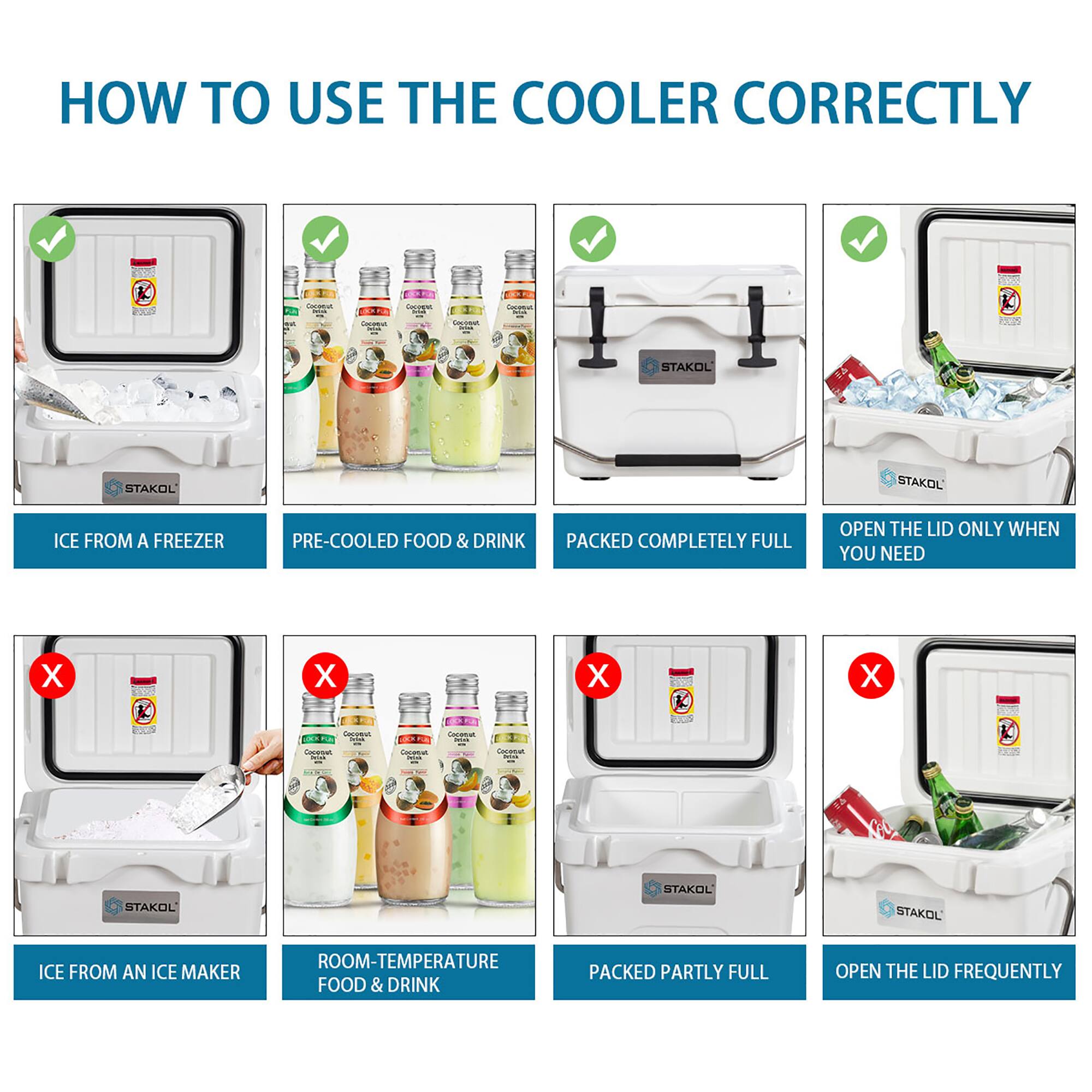 HOW TO USE THE COOLER CORRECTLY

- ICE FROM A FREEZER
- PRE-COOLED FOOD & DRINK
- PACKED COMPLETELY FULL
- OPEN THE LID ONLY WHEN YOU NEED

- ICE FROM AN ICE MAKER
- ROOM-TEMPERATURE FOOD & DRINK
- PACKED PARTLY FULL
- OPEN THE LID FREQUENTLY