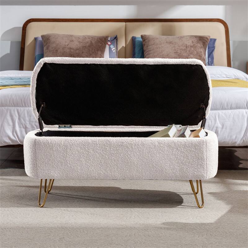 Alt View 9. HTUTWOO - Storage Ottoman Bench for Bedroom - Faux Fur Upholstered Bench with Gold Legs, Padded Storage Bench for Living Room - Ivory.