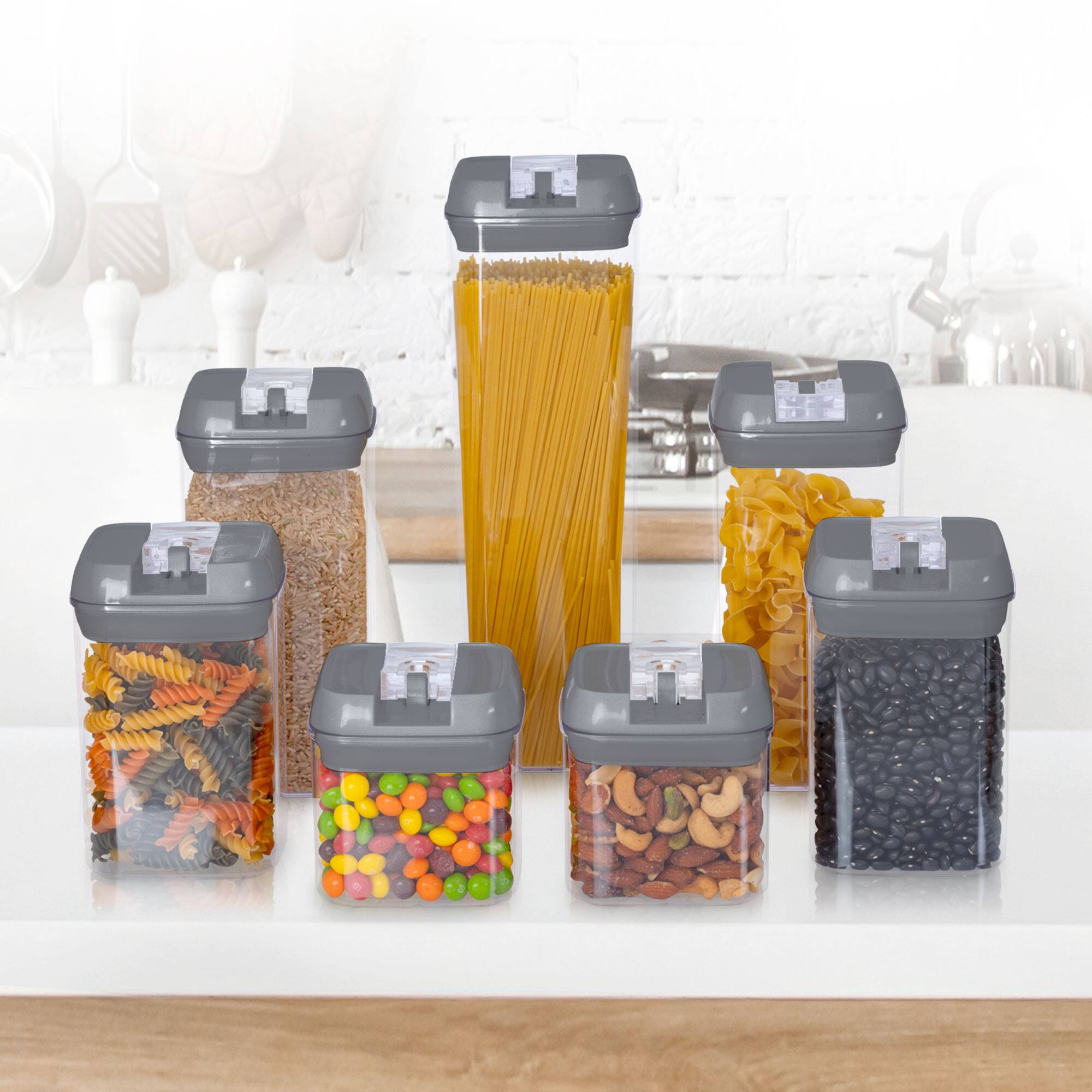 Left. Cheer Collection - 7-Piece Airtight Pantry Food Storage Container Set with Mixed Sizes, Flip-Top Lids & Reusable Labels - Grey.