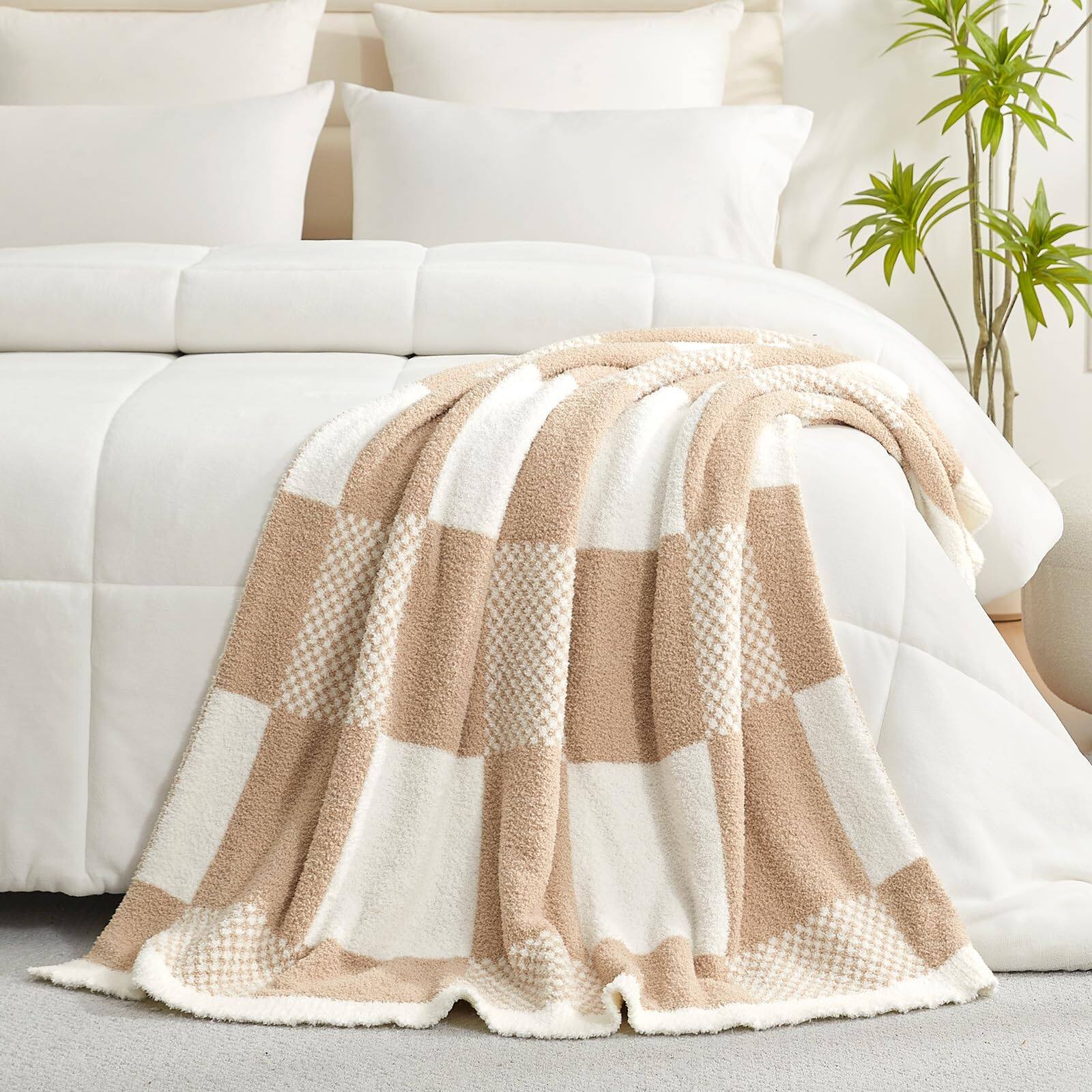 Alt View 7. Dapper Styles - Checkered Blanket Beige Throw For Couch Plaid Microfiber Fluffy Warm Cozy Fuzzy Soft Reversible Checkerered - Orange Flower-Throw(50"x60").