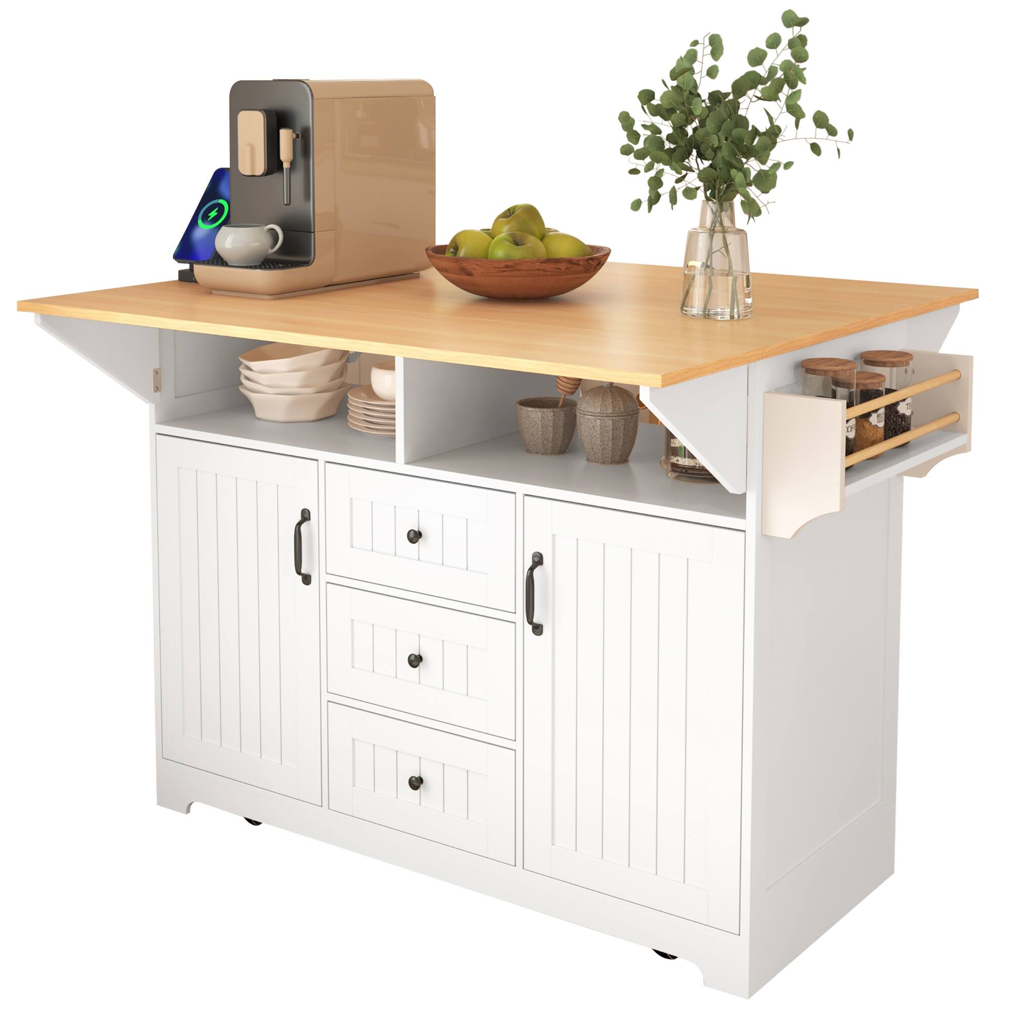 Spaco - 55.7" Kitchen Island Cart with Power Outlet, 2 Drop Leaves, 3 Drawers, Storage Shelf, Spice Rack and Towel Bar - White