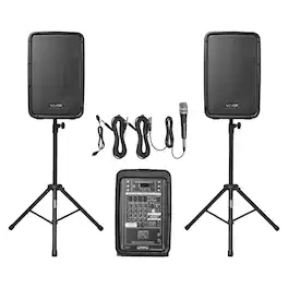 VEVOR - Portable PA System, 300W Powered, Sound System Set with 8 Channel Mixer, Dual Speakers, Wireless Bluetooth, Microphone - Black