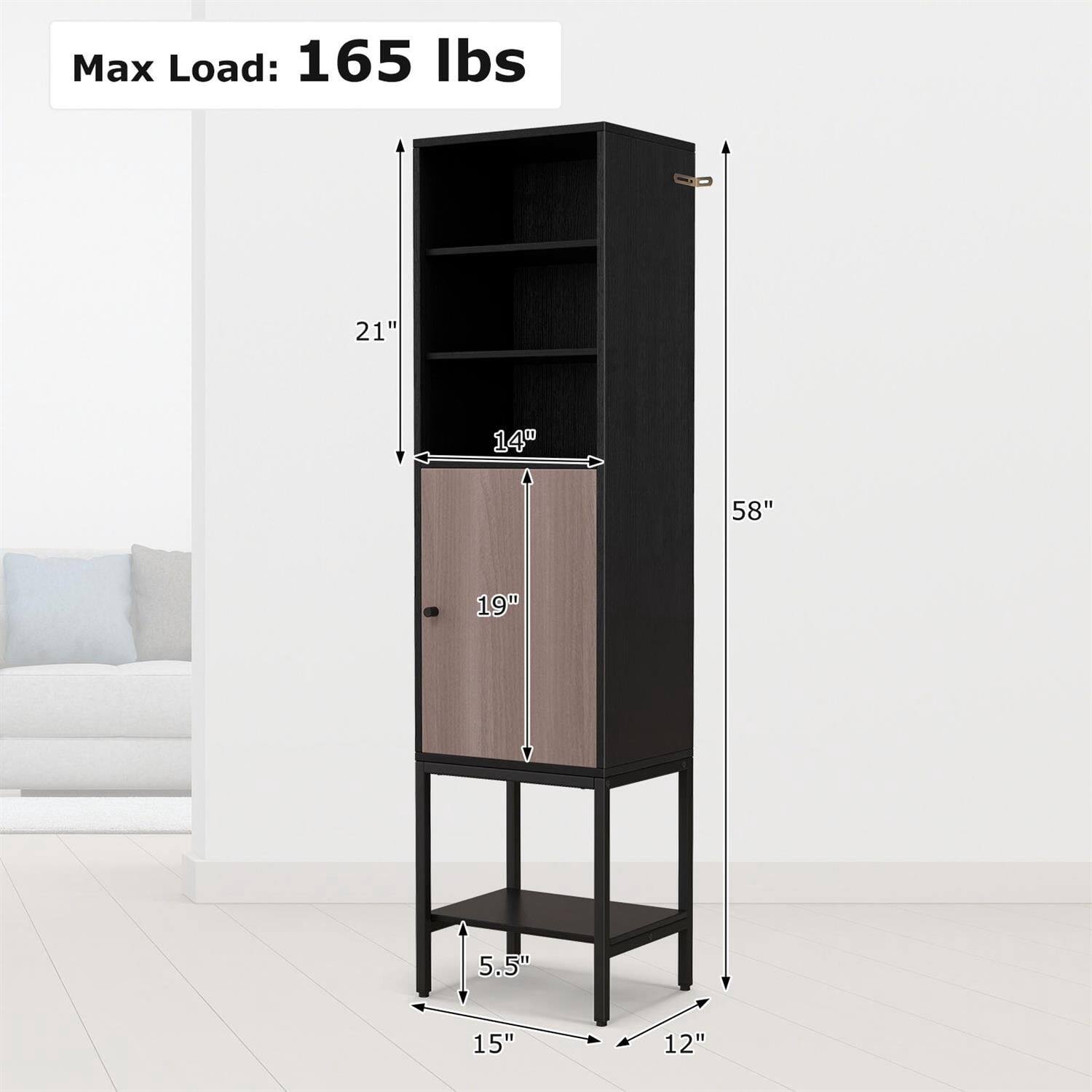 Max Load: 165 lbs  
21" x 14" x 58"  
19" x 5.5" x 15" x 12"