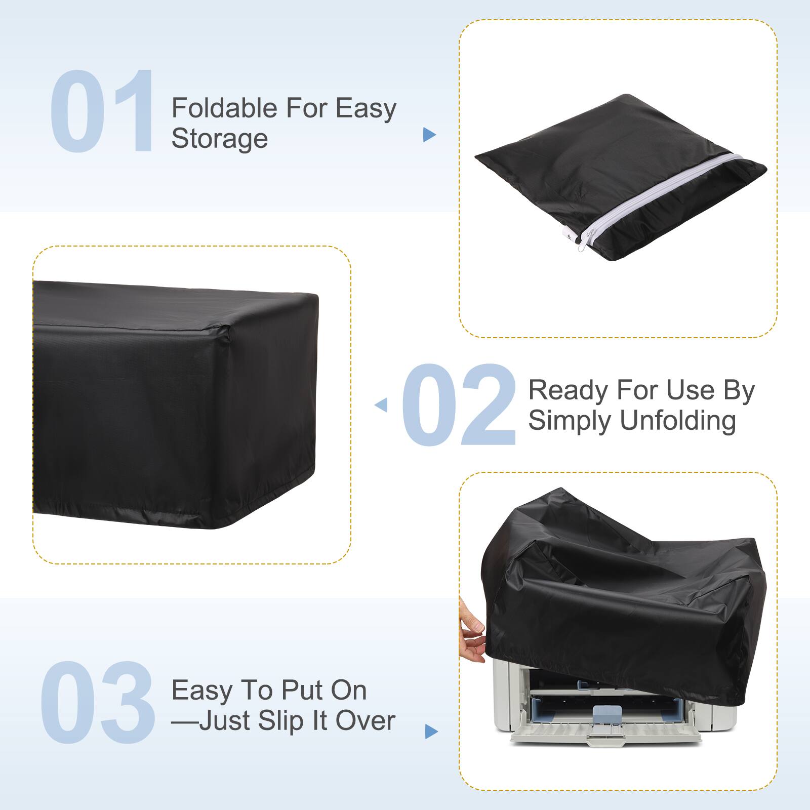 01 Foldable For Easy Storage  
02 Ready For Use By Simply Unfolding  
03 Easy To Put On — Just Slip It Over