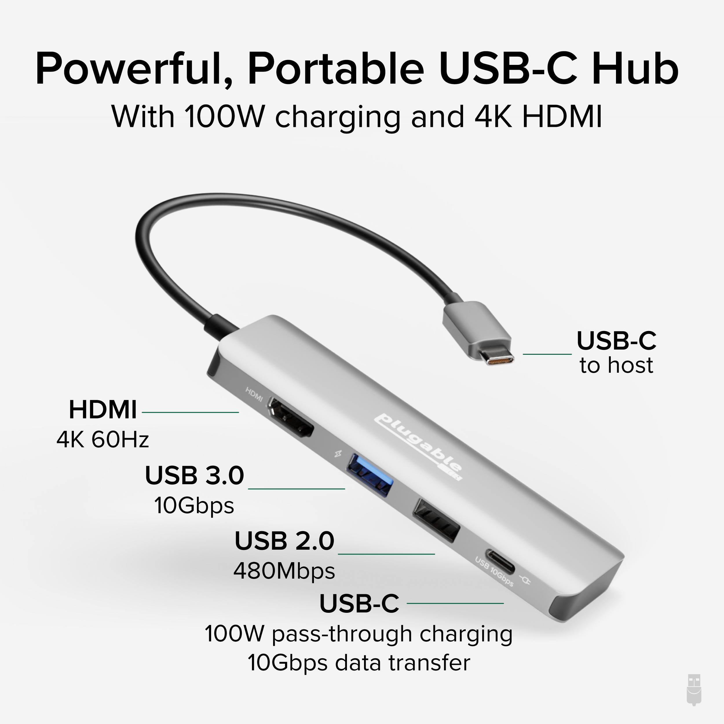 Powerful, Portable USB-C Hub  
With 100W charging and 4K HDMI  

- HDMI  
  4K 60Hz  

- USB 3.0  
  10Gbps  

- USB 2.0  
  480Mbps  

- USB-C  
  100W pass-through charging  
  10Gbps data transfer  

USB-C to host