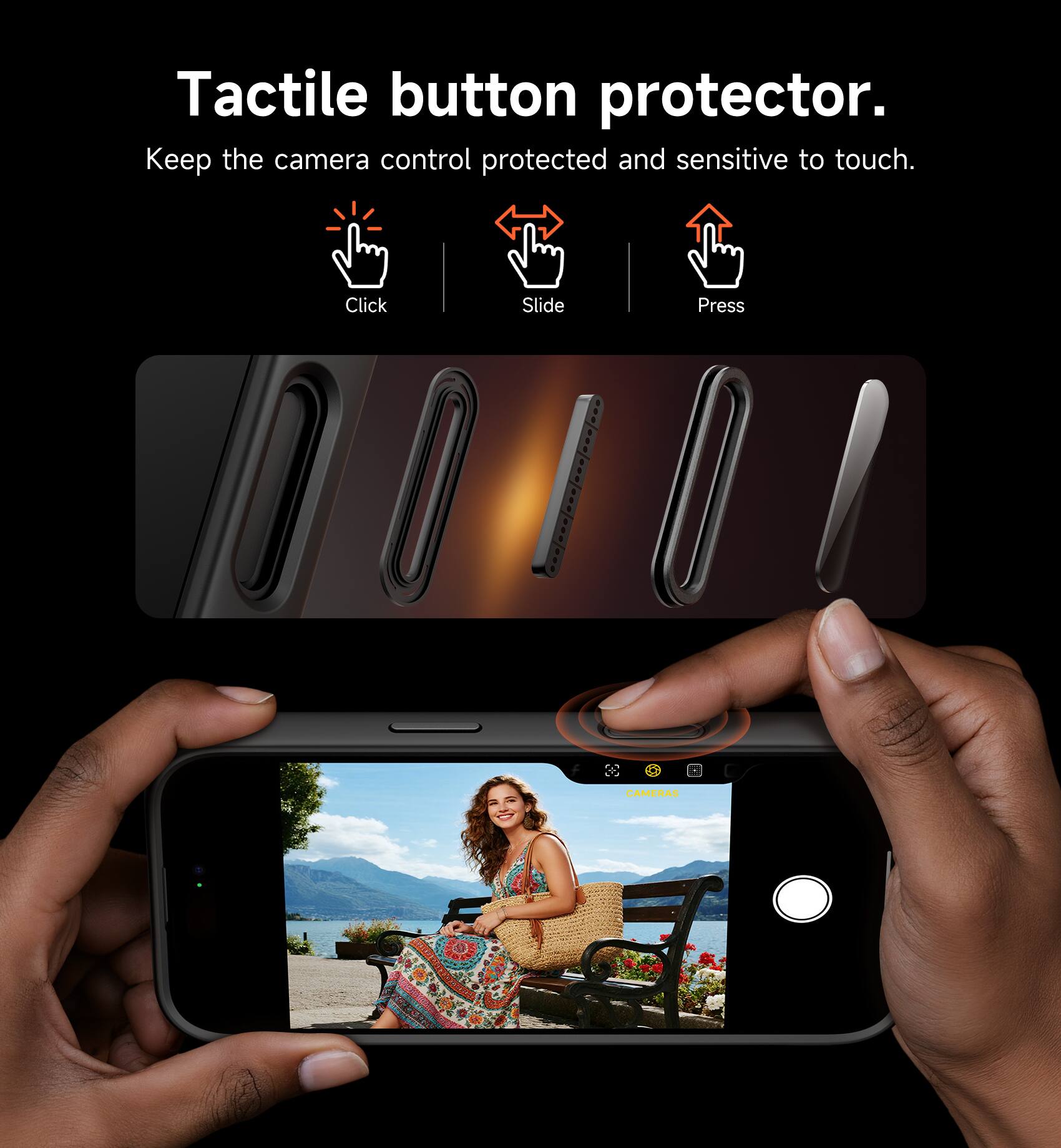 Tactile button protector.  
Keep the camera control protected and sensitive to touch.  
Click  
Slide  
Press  
CAMERAS