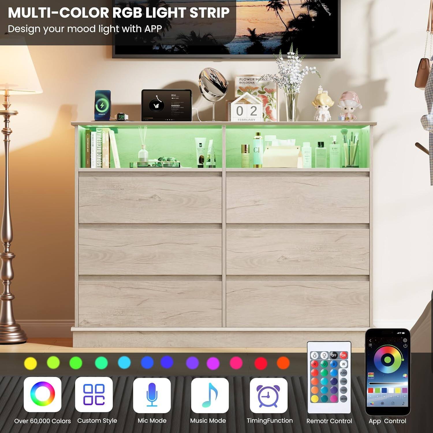 **MULTI-COLOR RGB LIGHT STRIP**  
Design your mood light with APP

- Over 60,000 Colors
- Custom Style
- Mic Mode
- Music Mode
- Timing Function
- Remote Control
- App Control