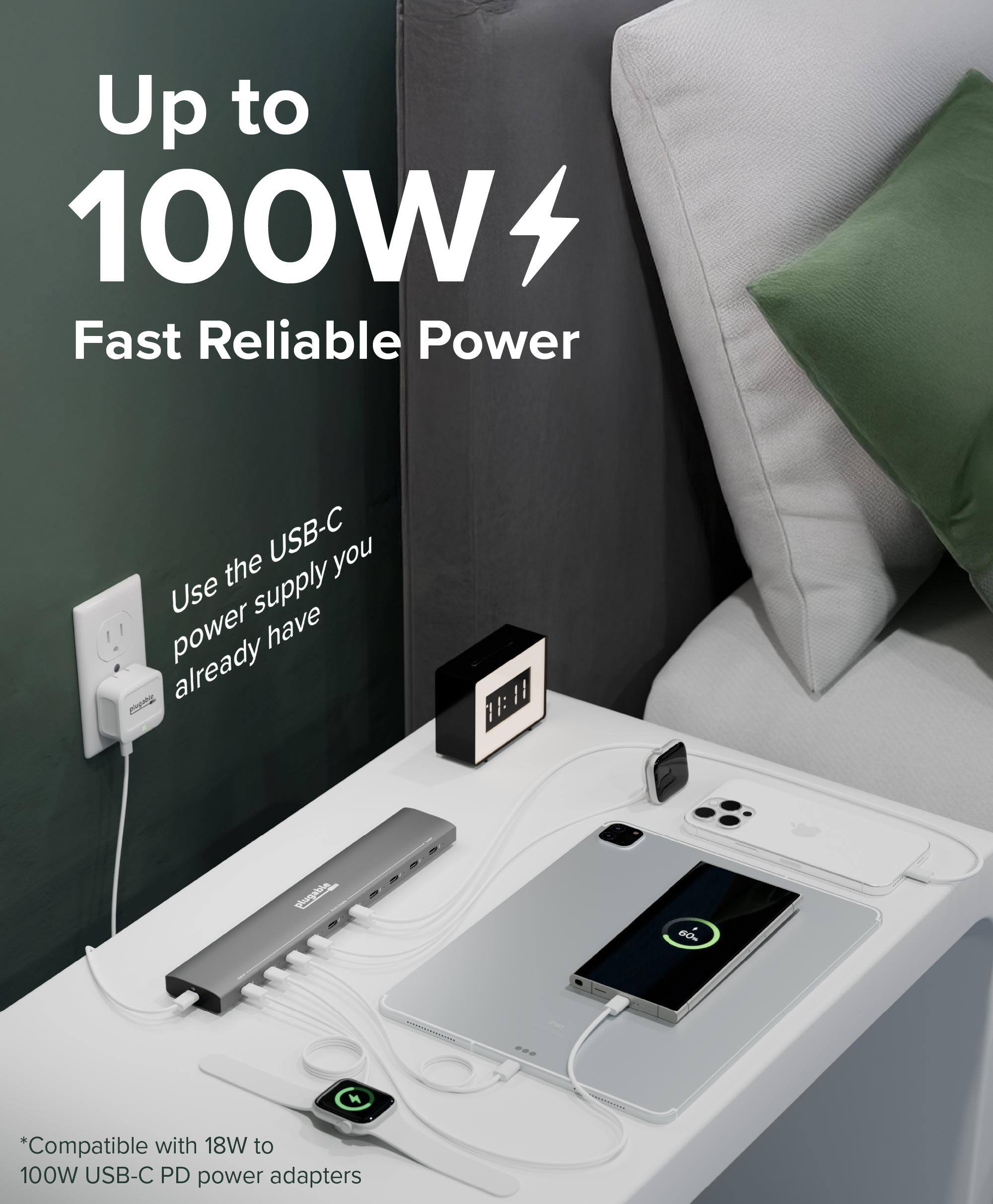 Up to 100W  
Fast Reliable Power  

Use the USB-C power supply you already have  

*Compatible with 18W to 100W USB-C PD power adapters