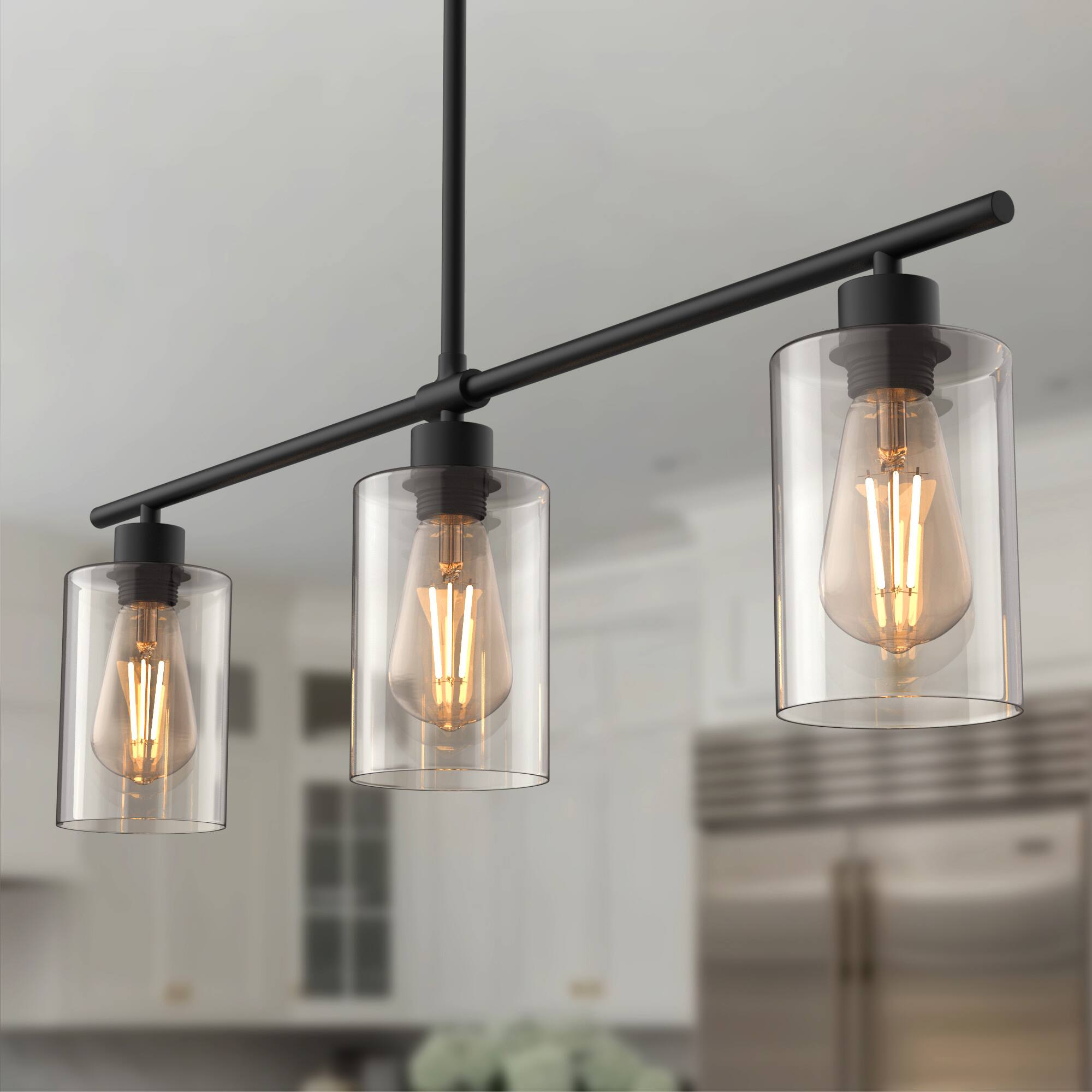 Angle. Jandcase - JANDCASE 3-Light Black Island Pendant Light, Glass Shades, E26 Socket, Non-Integrated Bulbs, for Kitchen - Black.