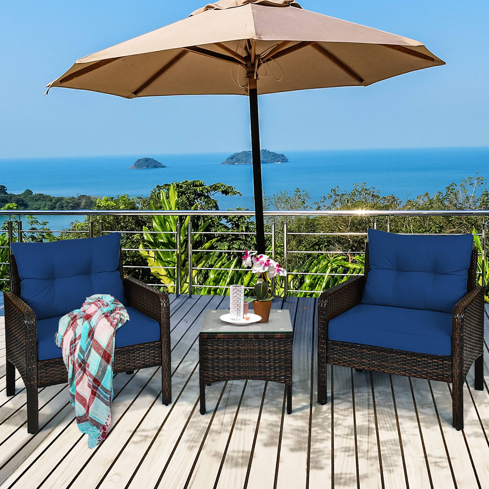 Alt View 3. Costway - 3PCS Outdoor Rattan Conversation Set Patio Garden Cushioned Sofa Chair - Navy.
