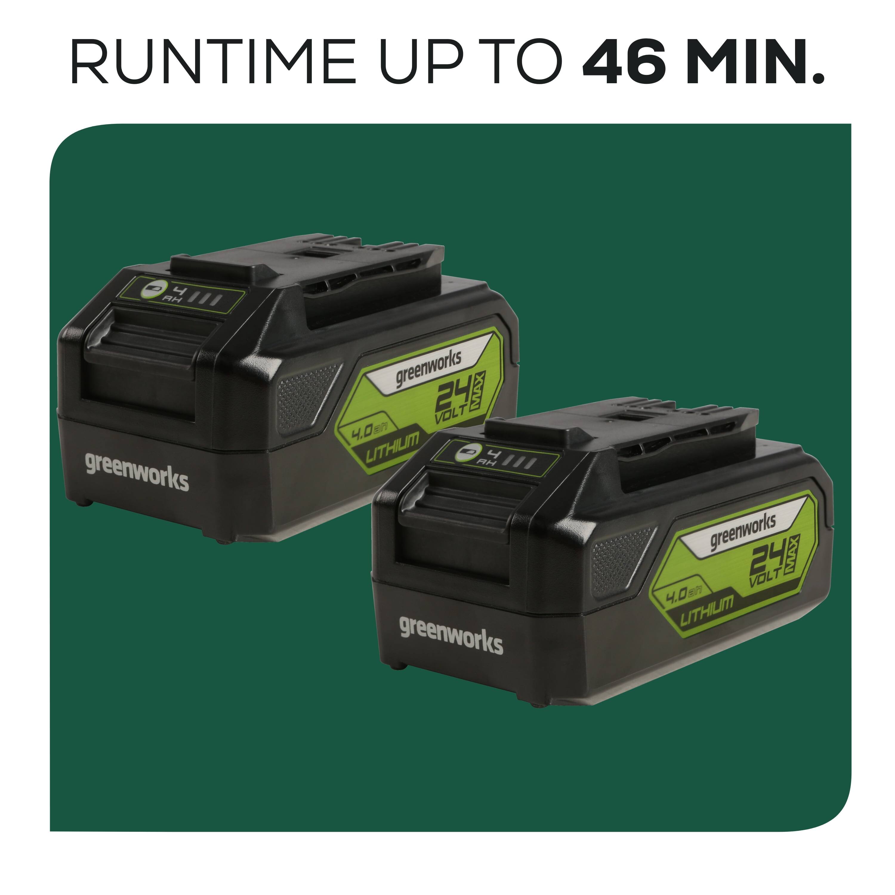 RUNTIME UP TO 46 MIN.

greenworks 24 VOLT 4.0 LITHIUM  
greenworks 24 VOLT 4.0 LITHIUM