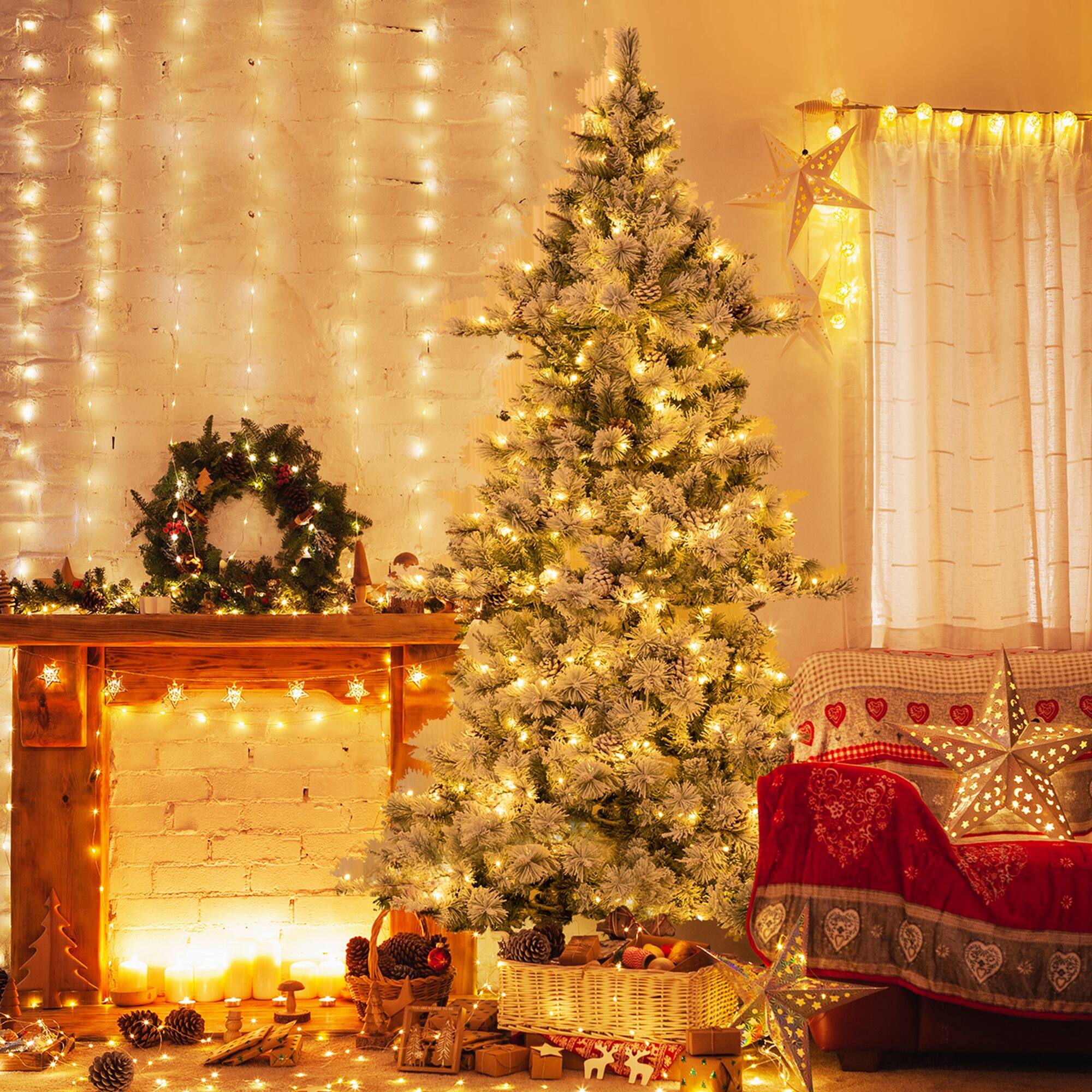 Alt View 11. Costway - 7 FT Flocked Christmas Tree Hinged Xmas Decoration with 420 LED Lights & 1057 Tips - Green/White.