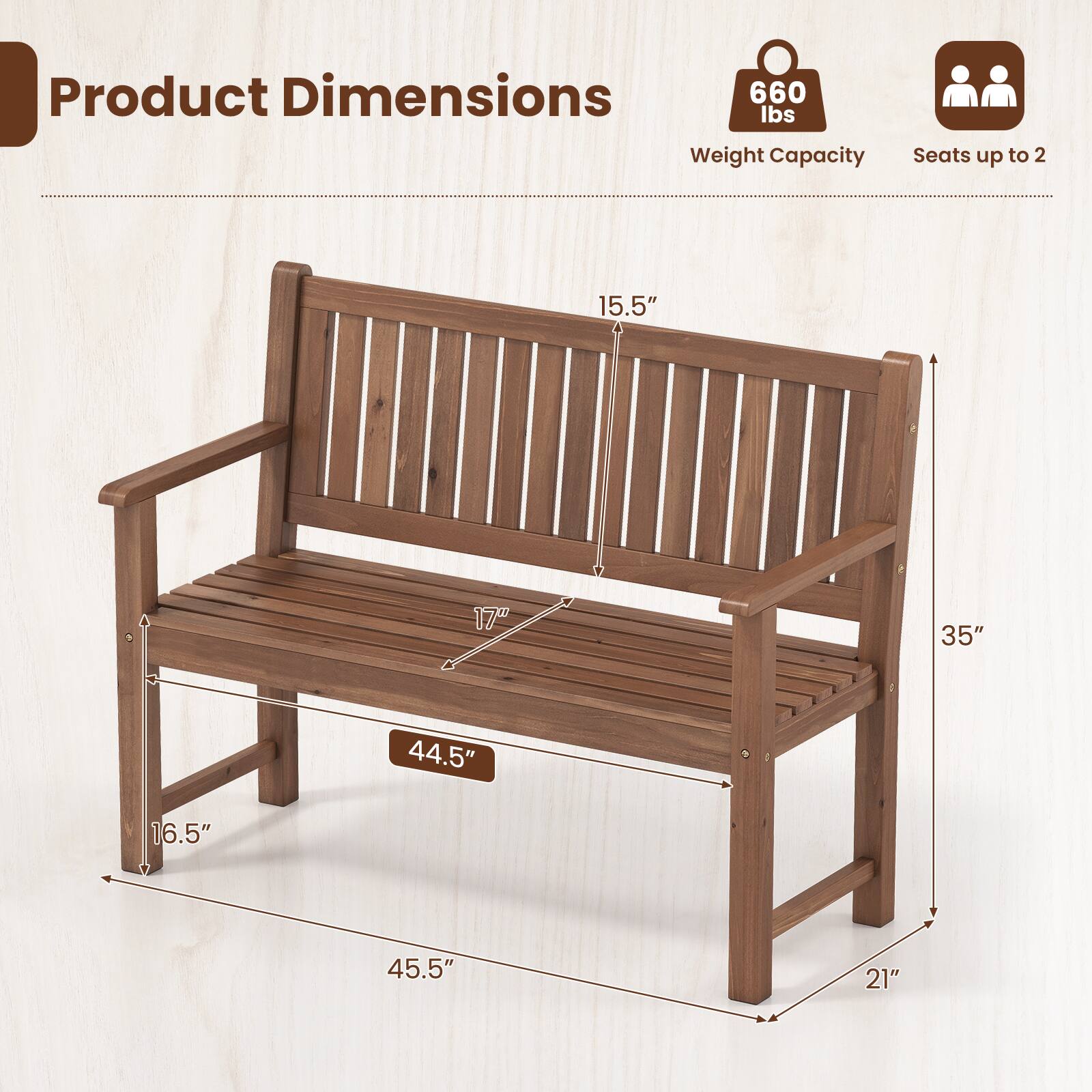Product Dimensions: 660 lbs Weight Capacity, Seats up to 2  
Dimensions: 15.5" x 17" x 35" x 44.5" x 16.5" x 45.5" x 21"