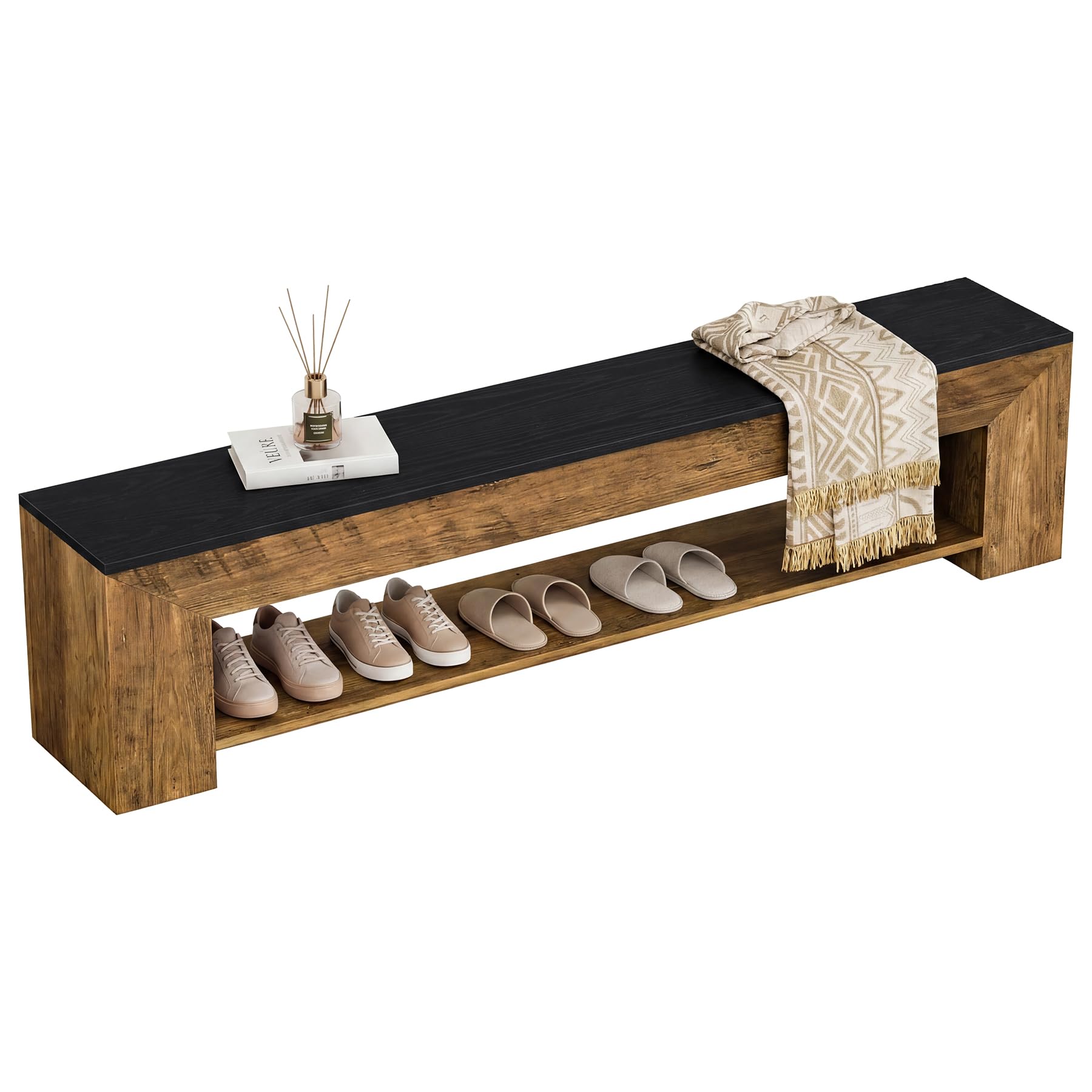 Alt View 5. Tribesigns - 71-Inch Extra Long Entryway Bench with Shoe Storage, Farmhouse Shoe Bench with 2 Shelves, Wooden Indoor Seating for Hall - Rustic Brown and Black.
