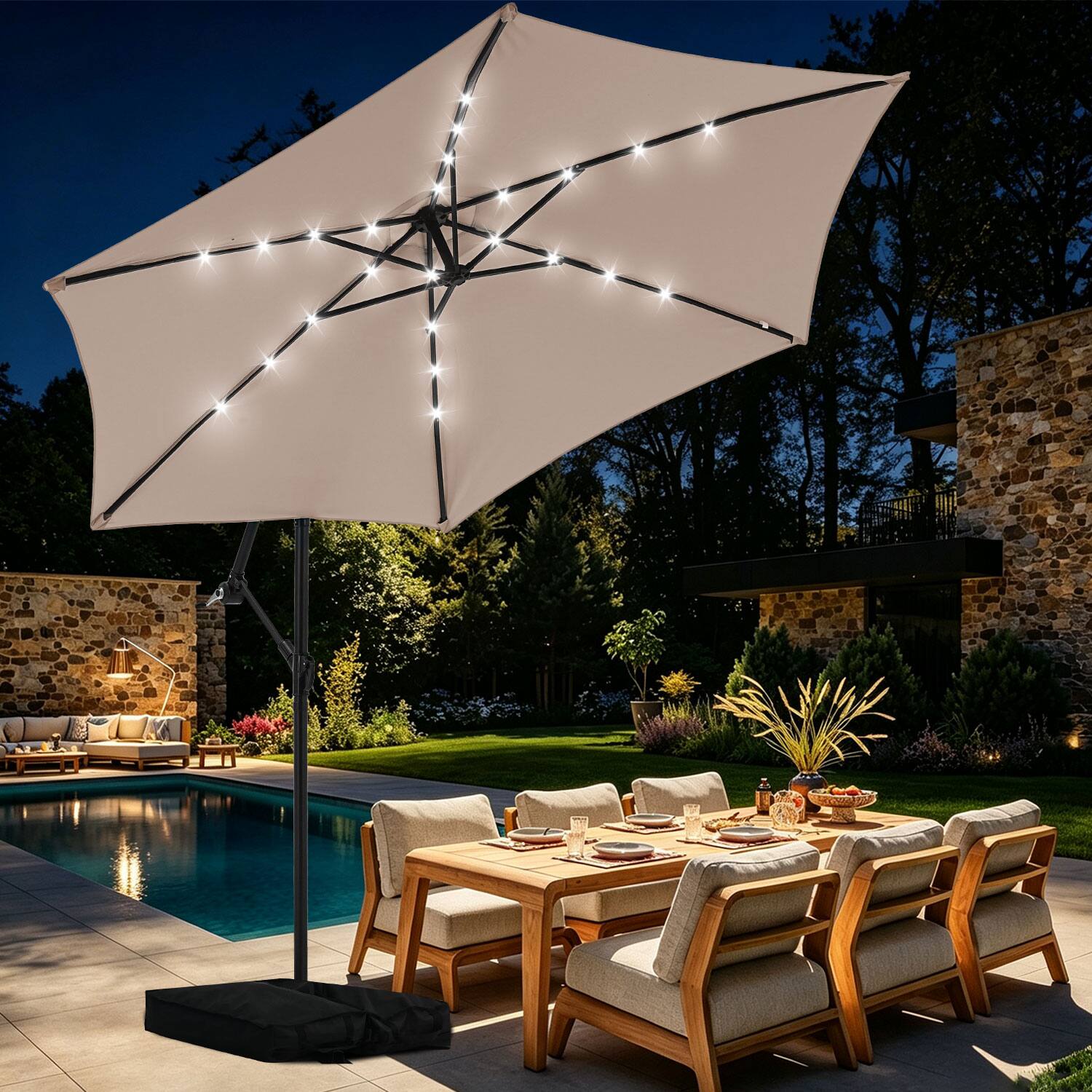 Alt View 4. Ainfox - Ainfox 10FT Outdoor Patio Cantilever Umbrella Hanging Offset with Cross Base  Sand Bags & 24 LED Solar Lights - Khaki.