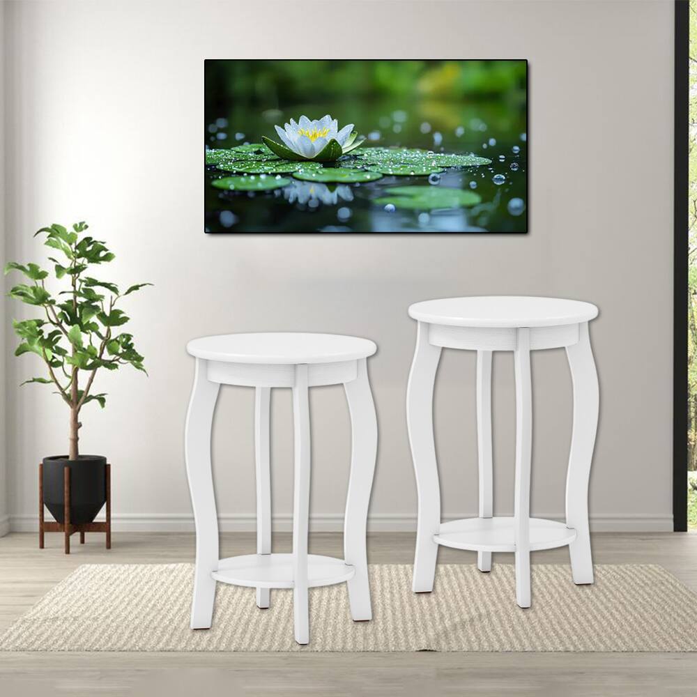 Hivvago - 15" Round Dual-Tier Accent Tables with Storage Shelf - Set of 2 - White