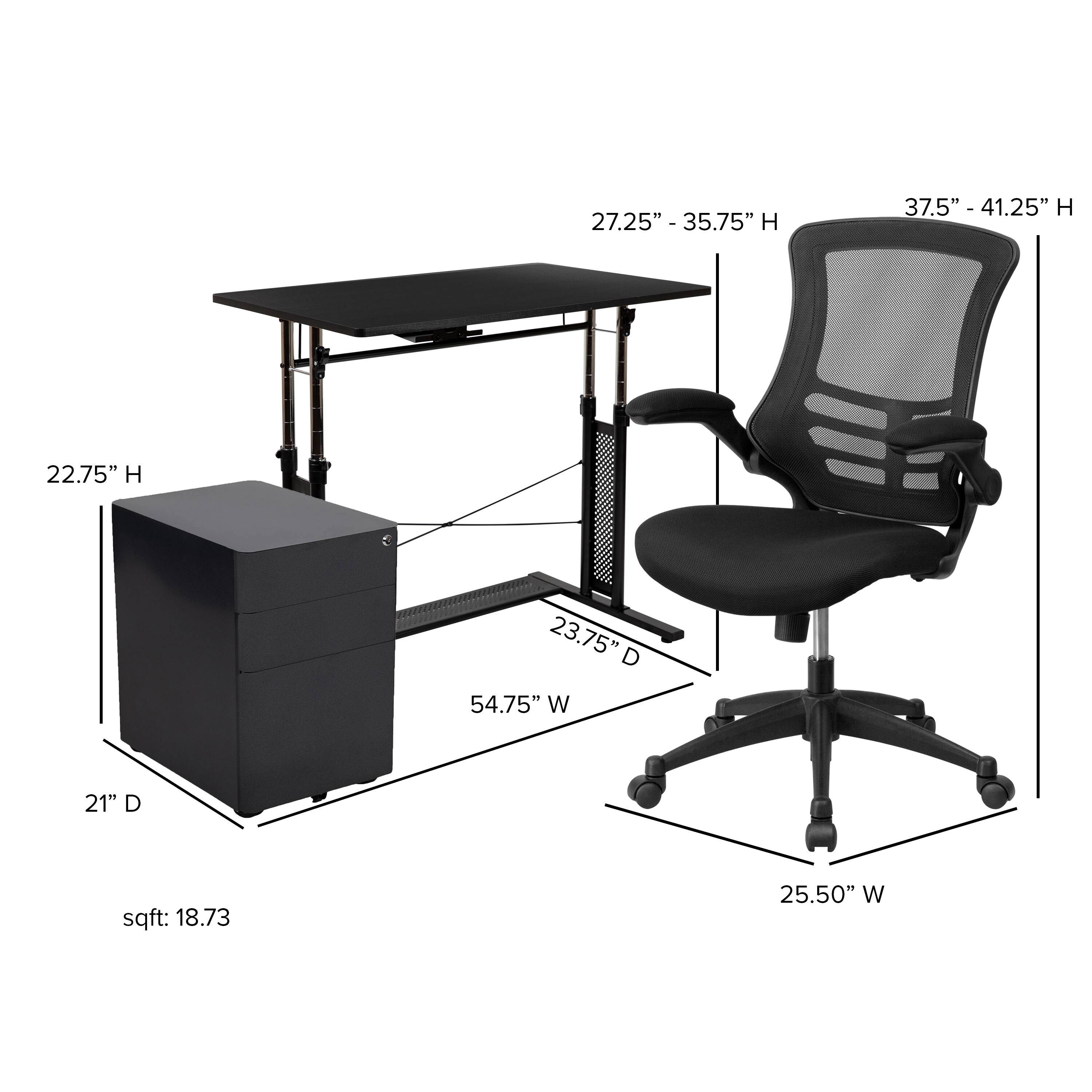27.25" - 35.75" H  
37.5" - 41.25" H  
22.75" H  
23.75" D  
54.75" W  
21" D  
sqft: 18.73  
25.50" W