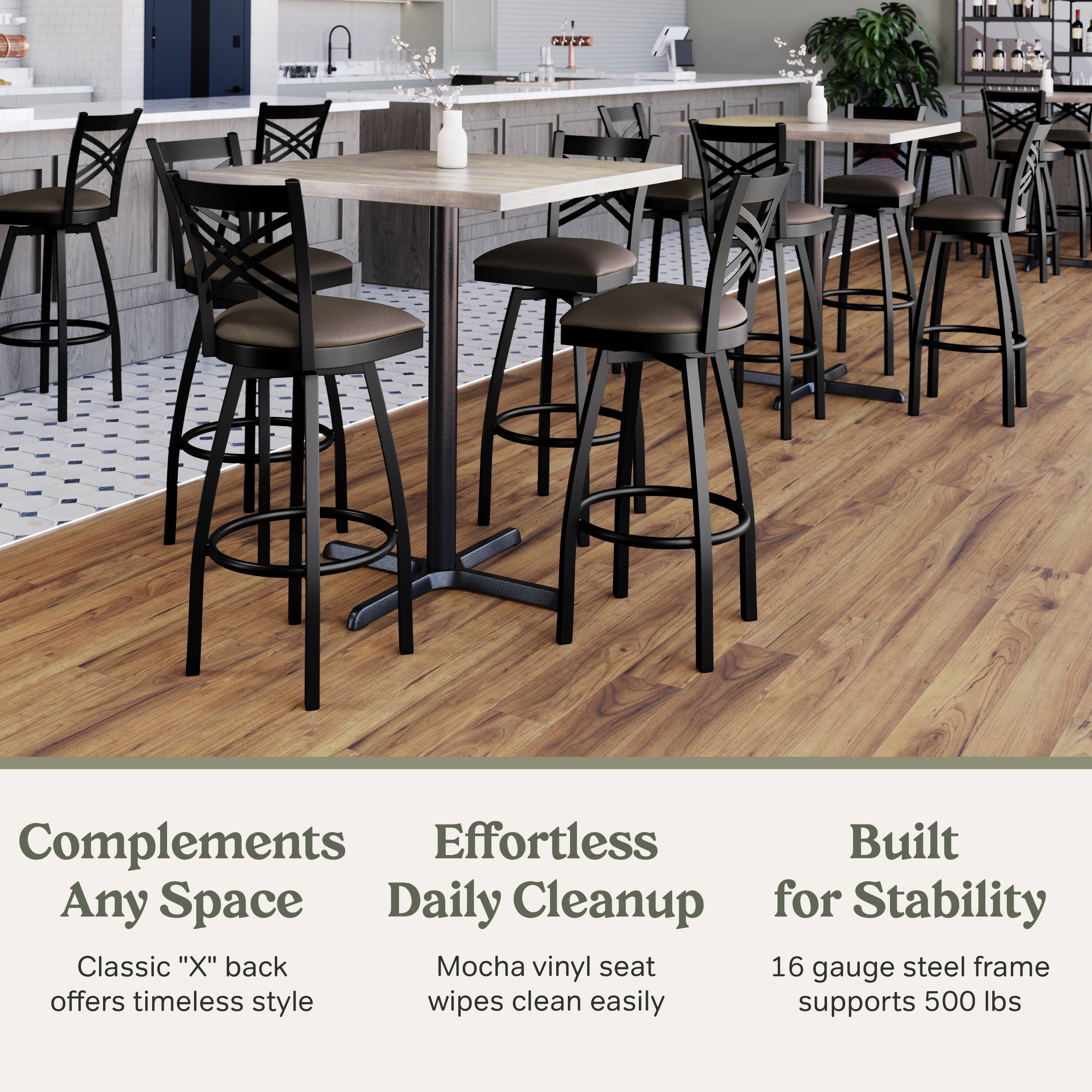 Complements Any Space  
Classic "X" back offers timeless style  

Effortless Daily Cleanup  
Mocha vinyl seat wipes clean easily  

Built for Stability  
16 gauge steel frame supports 500 lbs