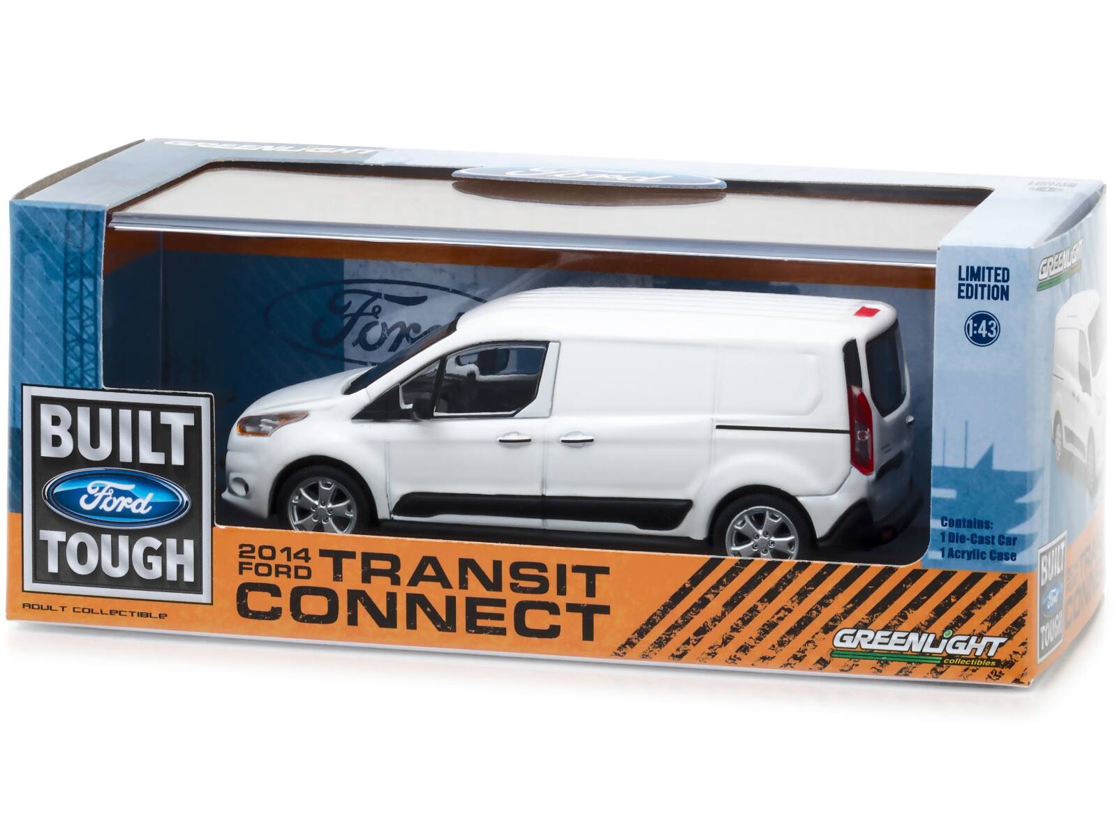 A For BUILT Ford TOUGH 2014 FORD TRANSIT CONNECT COLLECTIBLE LIMITED EDITION 1:43 Contains: 1 Die-Cast Car 1 Acrylic Case BU E a COw GREENLIGHT 7005R collectibles