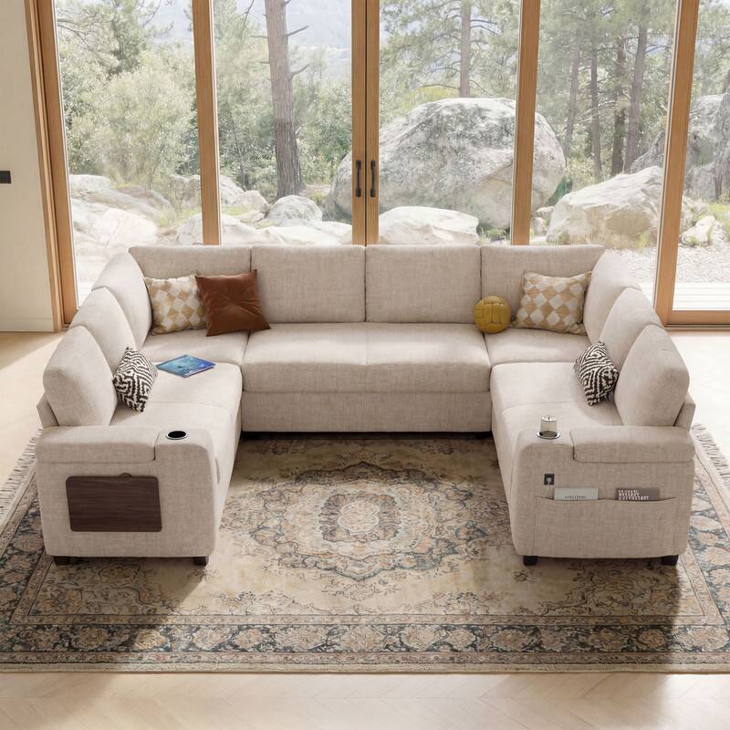 Left. Dyonery - 112" Modular Sectional Sofa, U Shaped 8-Seater Sleeper Sofa with Pull Out Bed &Hidden Storage, Cup Holders & USB. - Beige.