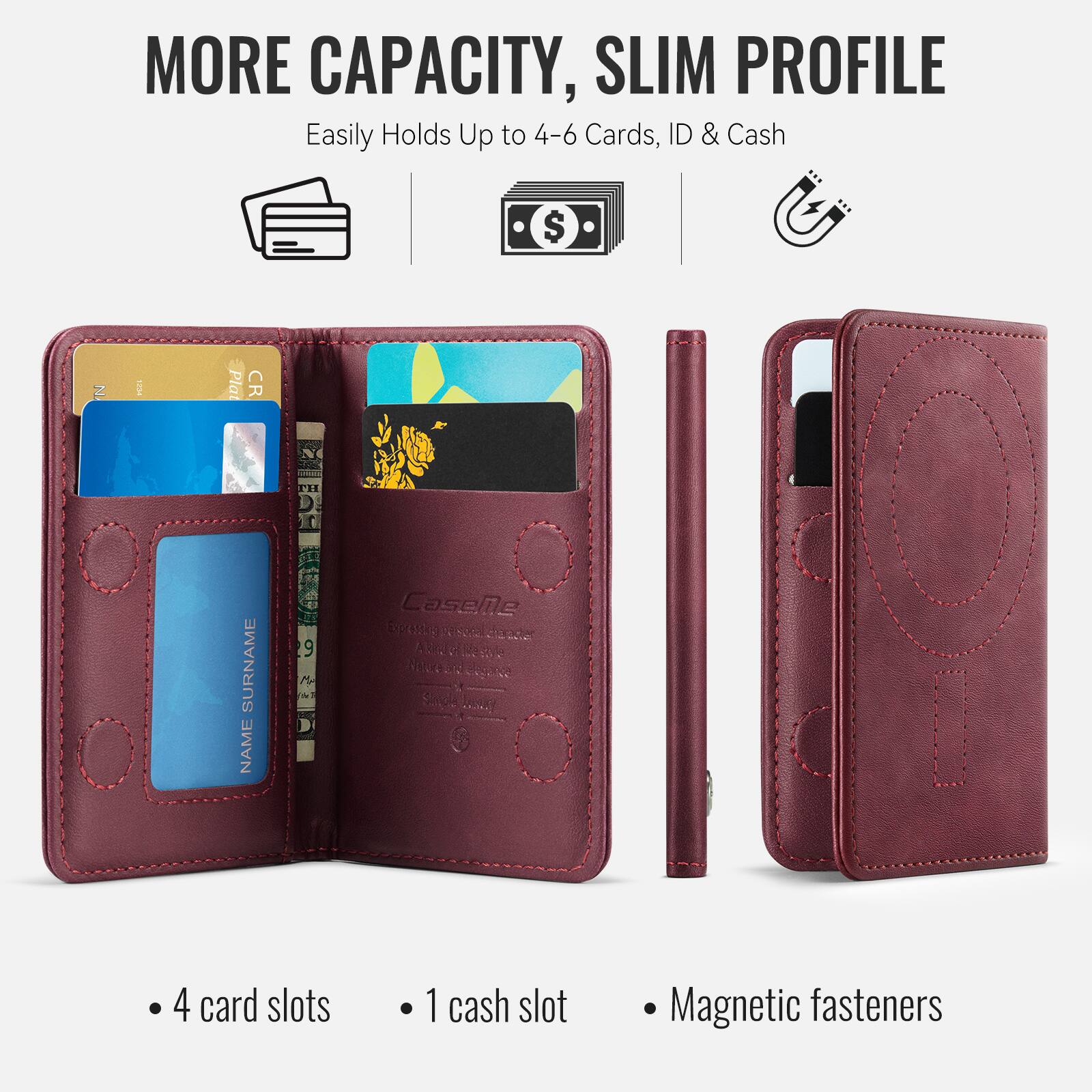 MORE CAPACITY, SLIM PROFILE  
Easily Holds Up to 4-6 Cards, ID & Cash  

- 4 card slots  
- 1 cash slot  
- Magnetic fasteners
