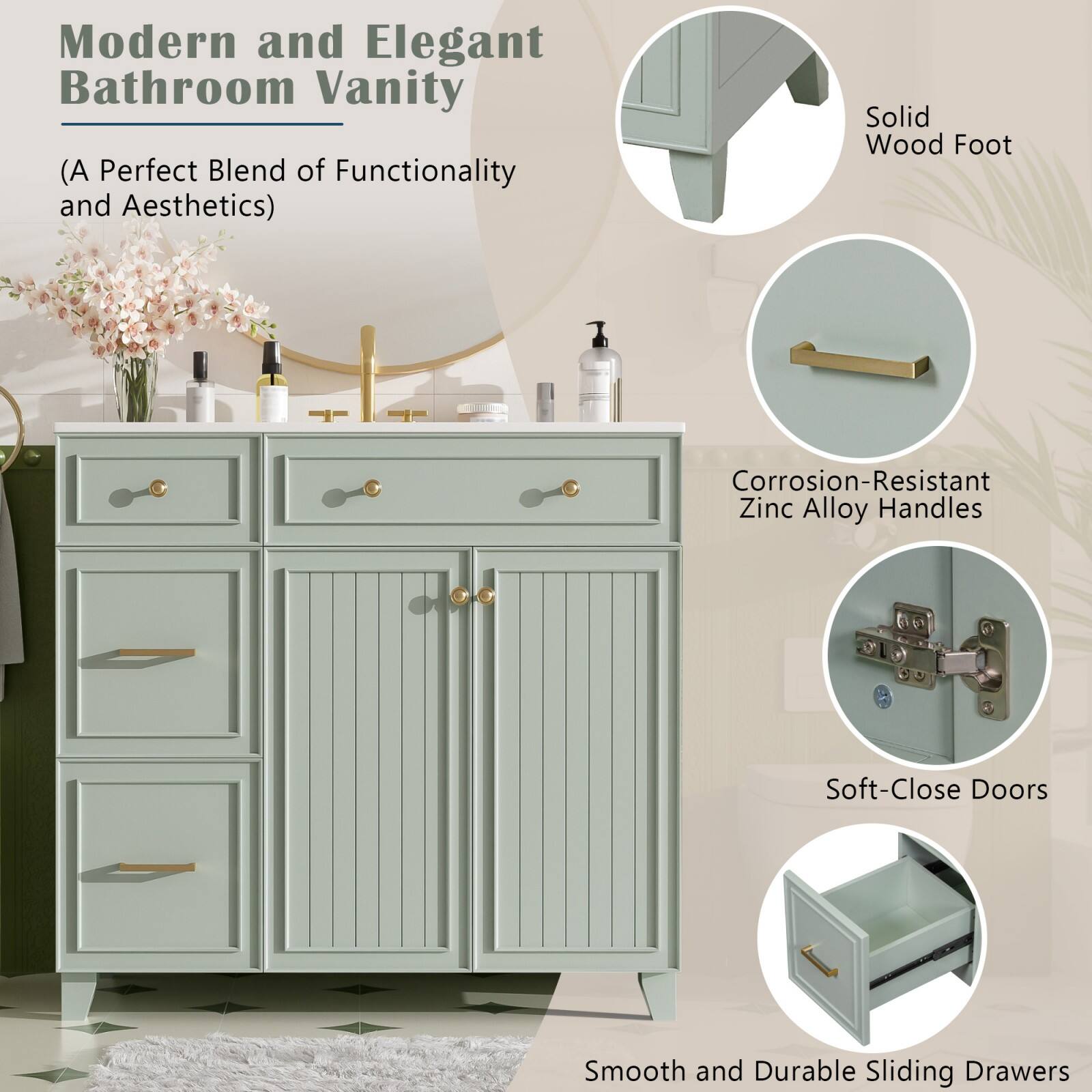 Modern and Elegant Bathroom Vanity  
(A Perfect Blend of Functionality and Aesthetics)  

- Solid Wood Foot  
- Corrosion-Resistant Zinc Alloy Handles  
- Soft-Close Doors  
- Smooth and Durable Sliding Drawers