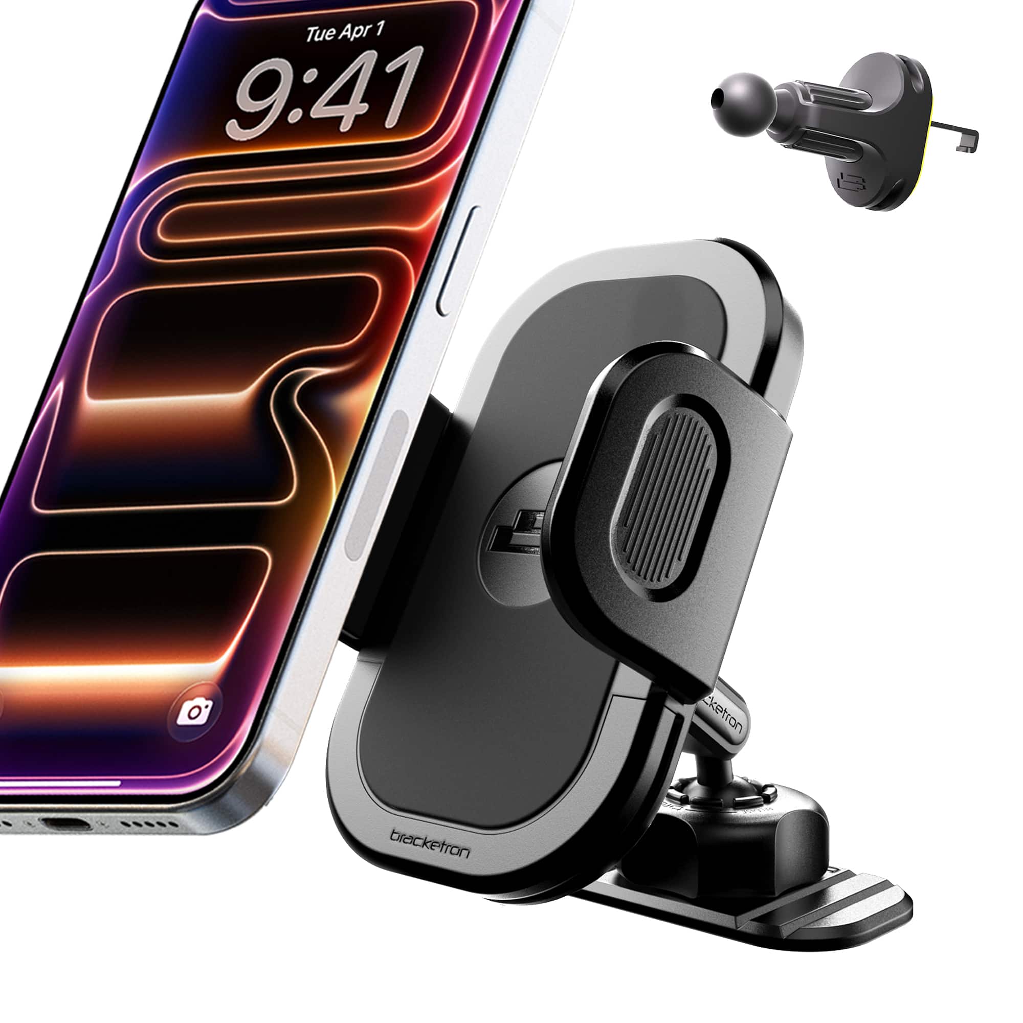 Bracketron - TripGrip Dash & Vent Mount – Universal Smartphone Holder with 360° Rotation, One-Button Expansion Arms - Black