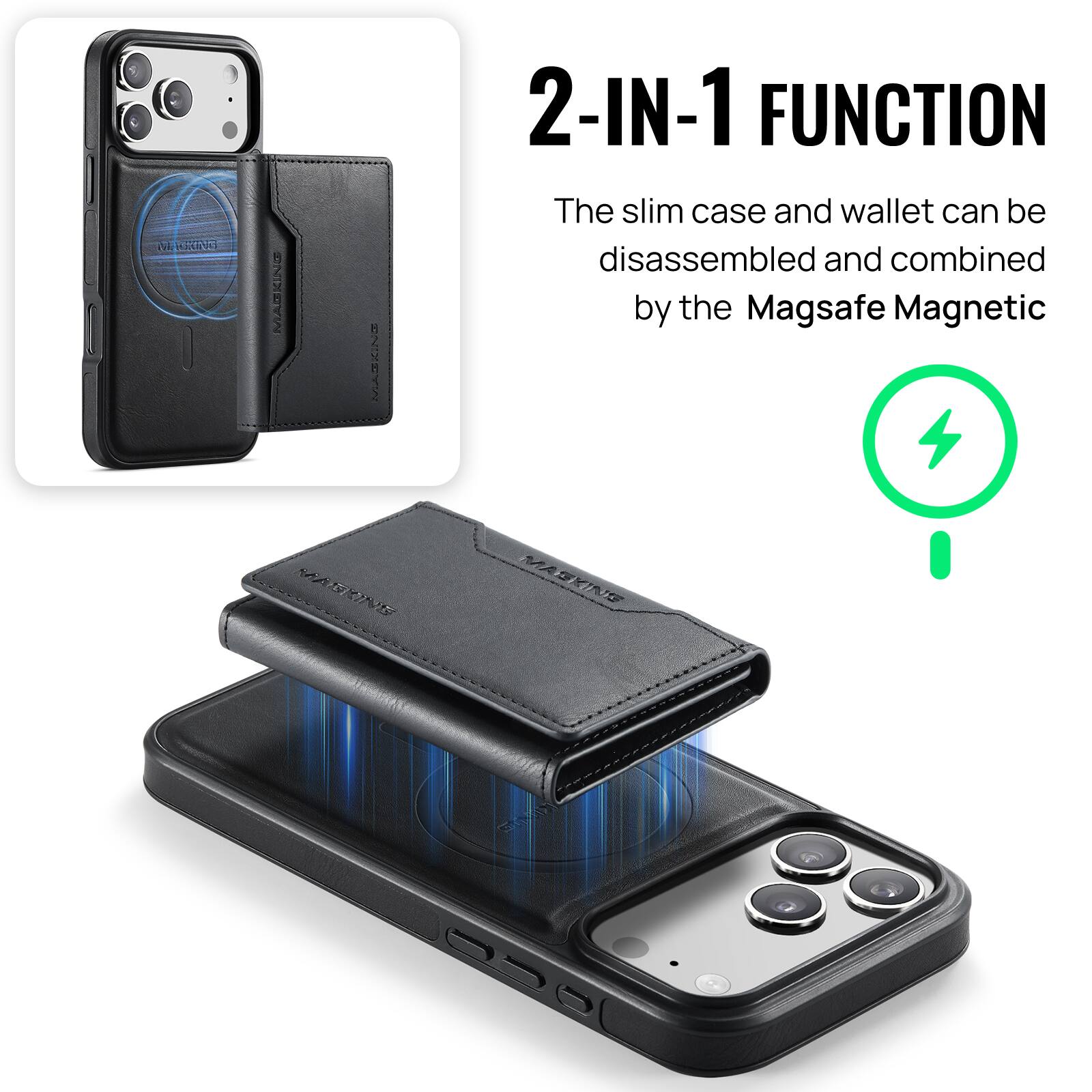 2-IN-1 FUNCTION  
The slim case and wallet can be disassembled and combined by the Magsafe Magnetic