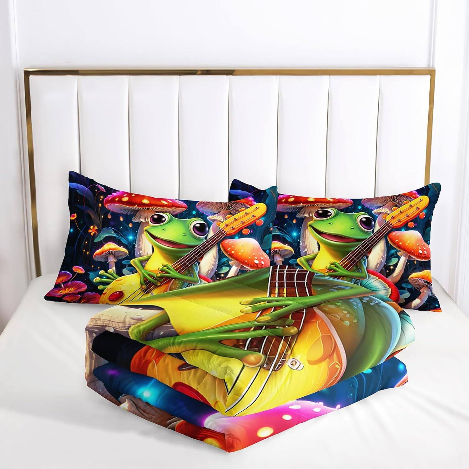 Alt View 2. Wikistore - WIKISTORE Cute Frog Guitar Comforter Set Queen Size Botanica Mushroom Cartoon Bedding 3 Piece - As Picture.