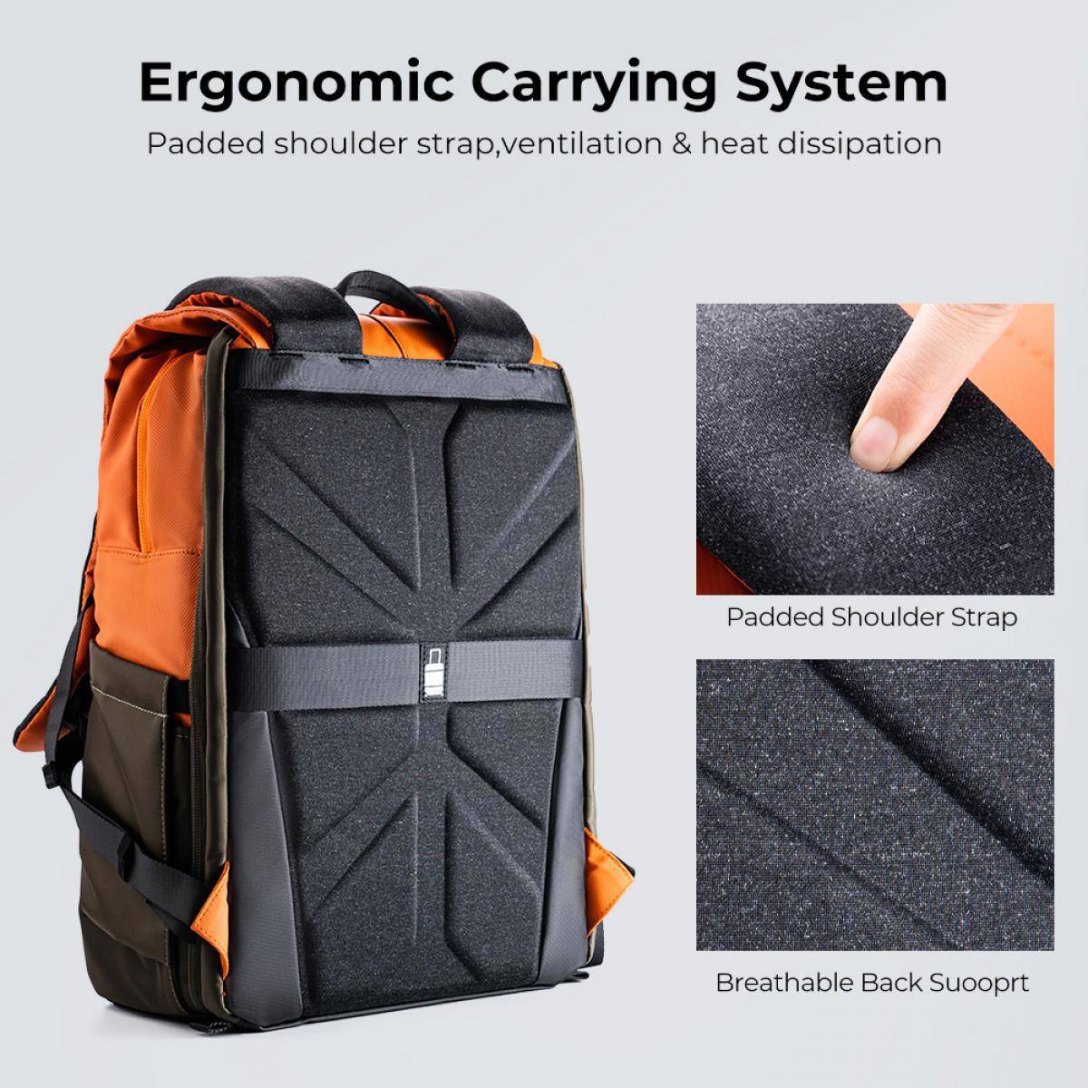 Ergonomic Carrying System  
Padded shoulder strap, ventilation & heat dissipation  
Padded Shoulder Strap  
Breathable Back Support
