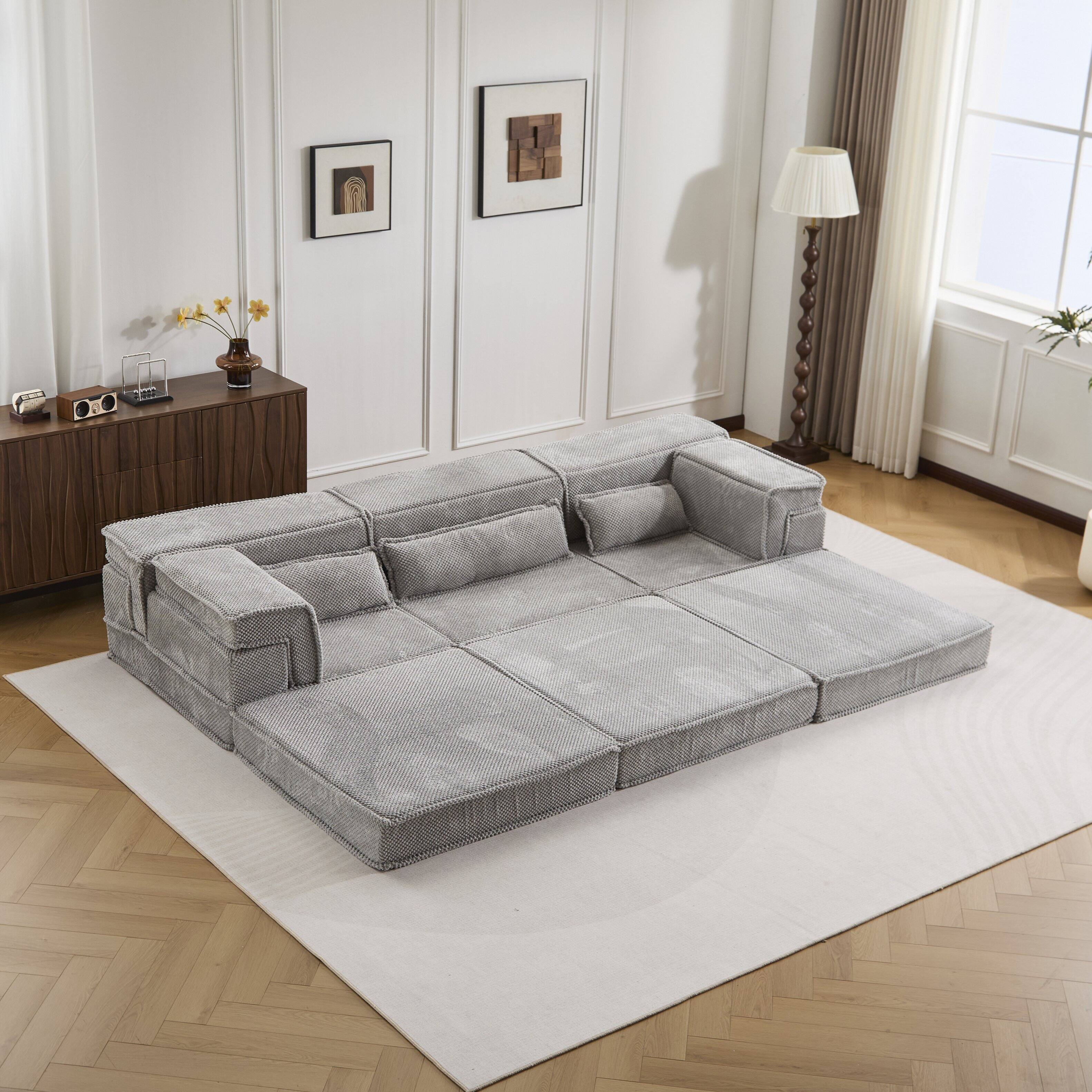 Left. Whisen - 3-Seater Modular Mahjong Sofa Bed, Circle Fleece Fabric Convertible Floor Sectional, No Assembly Required - Light Gray.