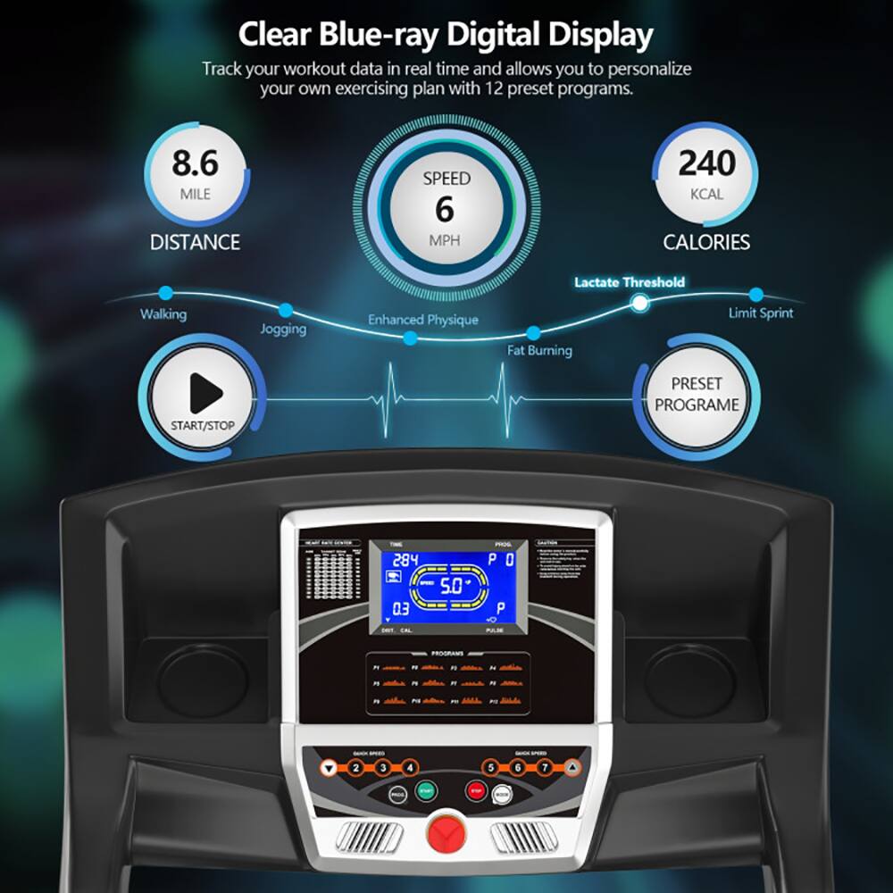 Clear Blue-ray Digital Display  
Track your workout data in real time and allows you to personalize your own exercising plan with 12 preset programs.  

8.6 MILE  
DISTANCE  
SPEED 6 MPH  
240 KCAL  
CALORIES  

Lactate Threshold  
Walking  
Jogging  
Enhanced Physique  
Fat Burning  
Limit Sprint  

START/STOP  
PRESET PROGRAM  

P 0  
P I  
2  
3  
4  
5  
6  
7  
I