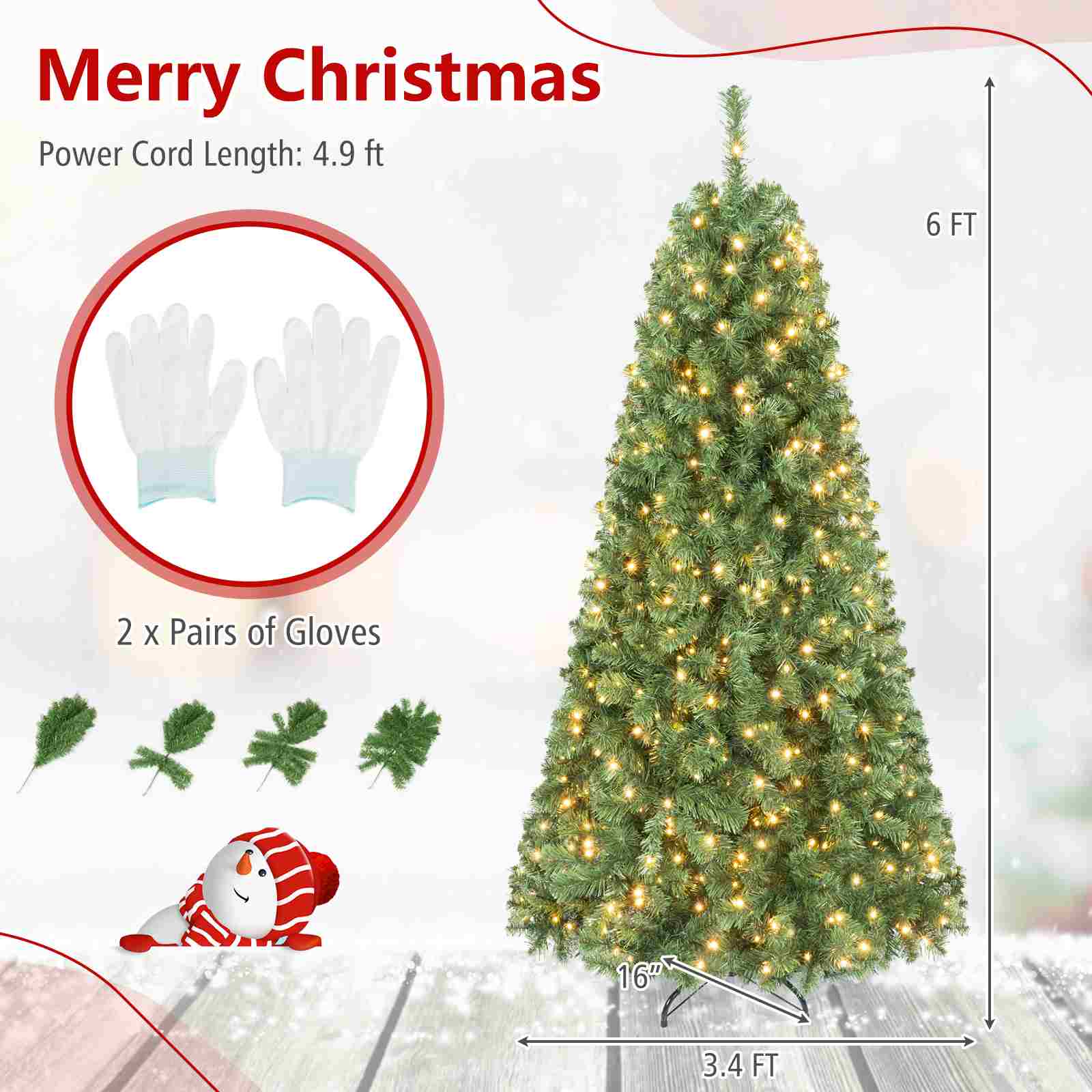 Merry Christmas  
Power Cord Length: 4.9 ft  
6 FT  
2 x Pairs of Gloves  
16"  
3.4 FT