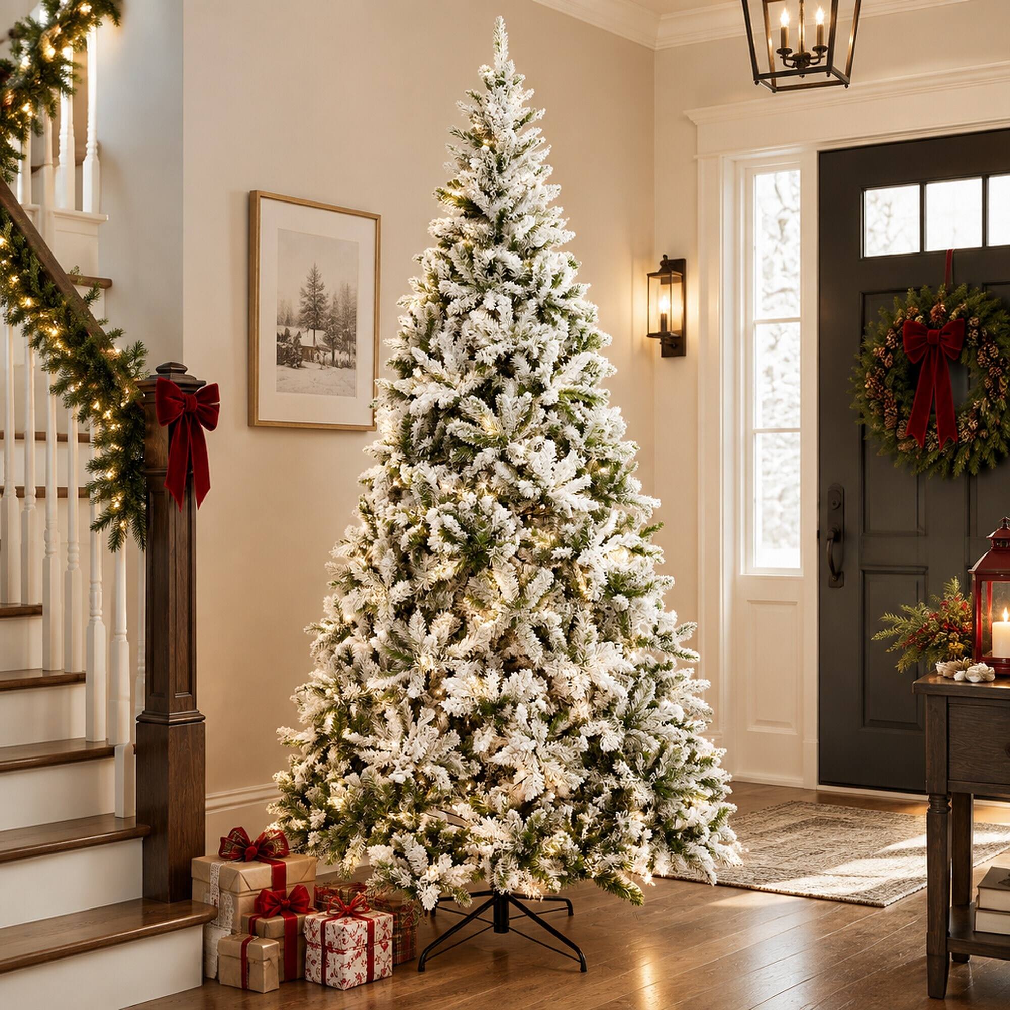 Alt View 1. RYHNUYNE - 9 Ft Unlit Snow Flocked Pine Green Christmas Tree With Realistic Branches,Hinged Design Metal Stand Easy Assembly - Green.