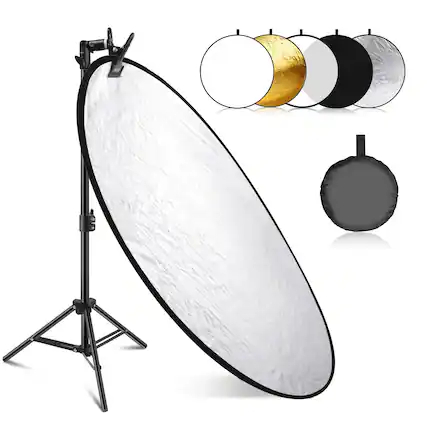 Front. Neewer - 43" 5-in-1 Collapsible Reflector Kit - with Short Stand & Clamp for Low-Angle & Studio Photo.