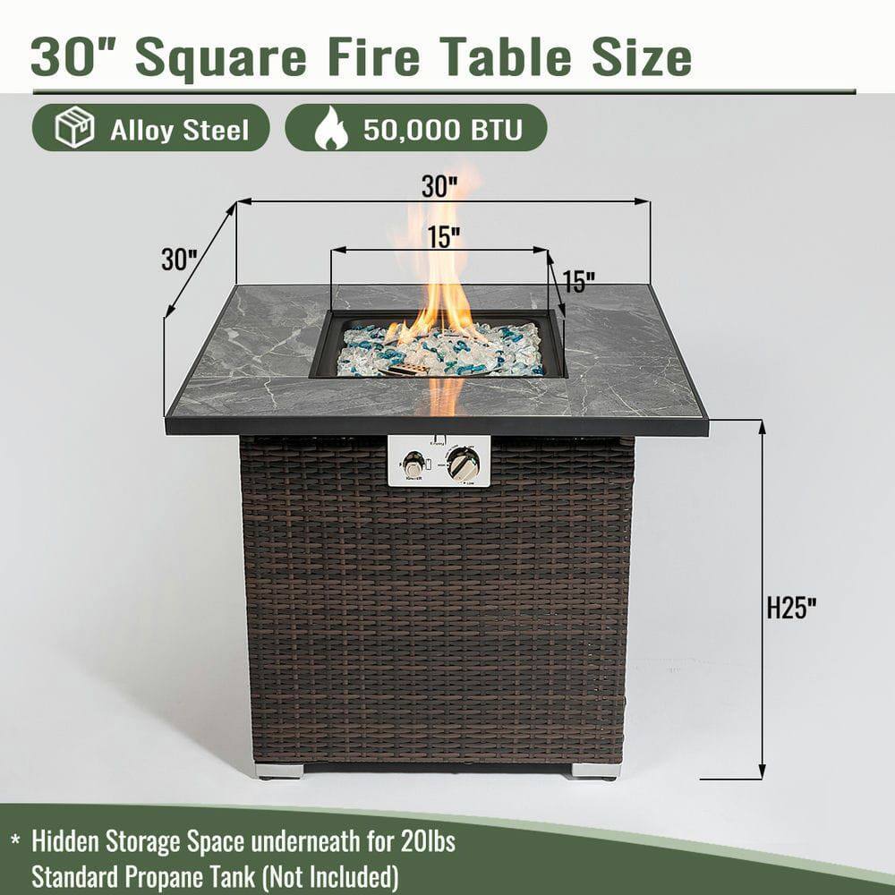 30" Square Fire Table Size

- Alloy Steel
- 50,000 BTU

Dimensions:
- 30" x 30" x 15" (Top)
- H25" (Height)

* Hidden Storage Space underneath for 20lbs Standard Propane Tank (Not Included)