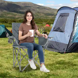 Mondawe - Oversized Folding Camping Chair w Cooler Pouch & Cup Holder Heavy Duty 500 lbs Padded Armrests - Gray