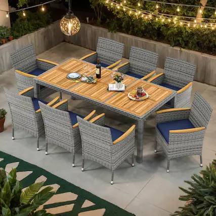 Front. Kadyn - Patio Dining Sets,Patio Furniture Sets,9 Pieces Patio PE Wicker Dining Set for Deck Garden and Yard-Navy - Blue.