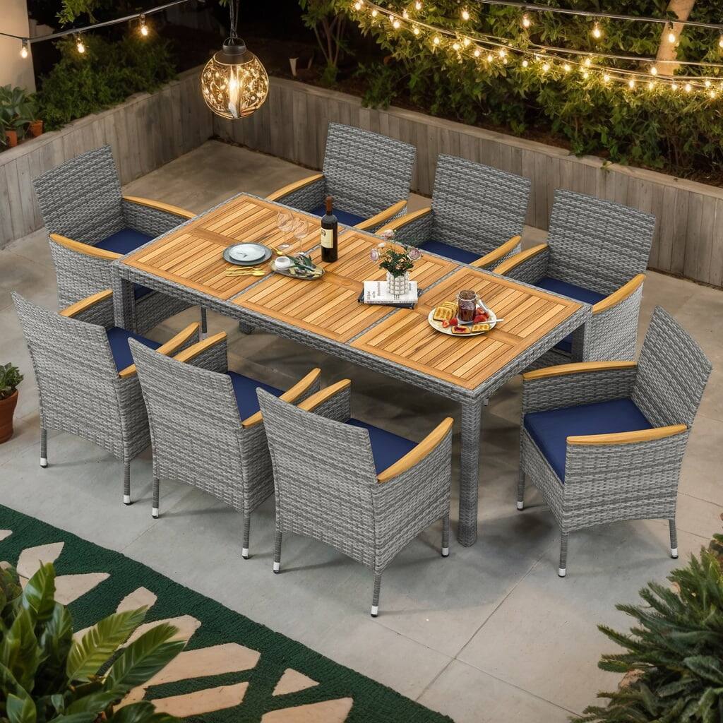 Front. Kadyn - Patio Dining Sets,Patio Furniture Sets,9 Pieces Patio PE Wicker Dining Set for Deck Garden and Yard-Navy - Blue.