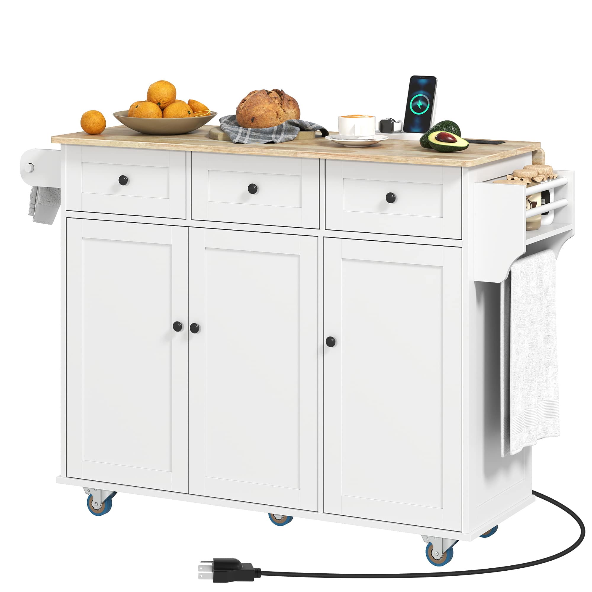 Homcom - Island on Wheels with Drop Leaf, Charging Station, Rolling Kitchen Cart with Wood Top - White