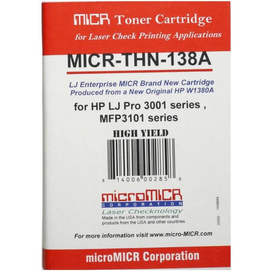 MICR Toner Cartridge for Laser Check Printing Applications  
MICR-THN-138A  

LJ Enterprise MICR Brand New Cartridge  
Produced from a New Original HP W1380A  
for HP LJ Pro 3001 series, MFP3101 series  

HIGH YIELD  

MICRO MICR CORPORATION  
Laser Checknology  
Made in the USA from components and products from the USA and other countries.  

For more information visit www.micro-MICR.com  

microMICR Corporation