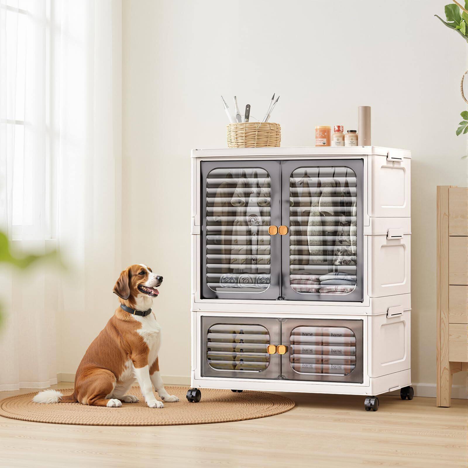 Alt View 3. GARVEE - Plastic Stackable Collapsible Storage Bins Containers w/ Doors,Wheels & Hanging Rods Organizers Cabinet for Home Office - White+ Gray.