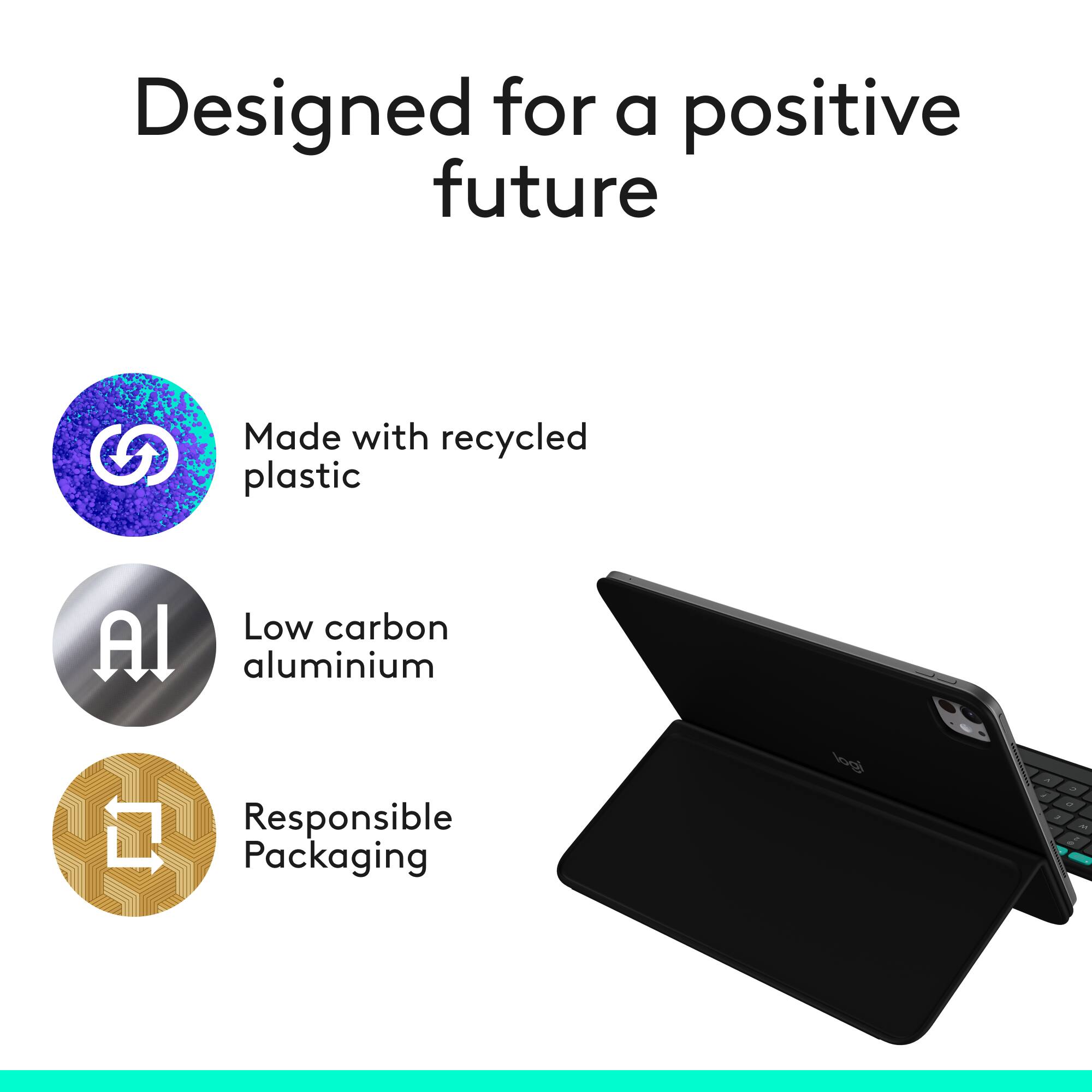 Designed for a positive future. Made with recycled plastic. Low carbon. Aluminum. Responsible packaging.