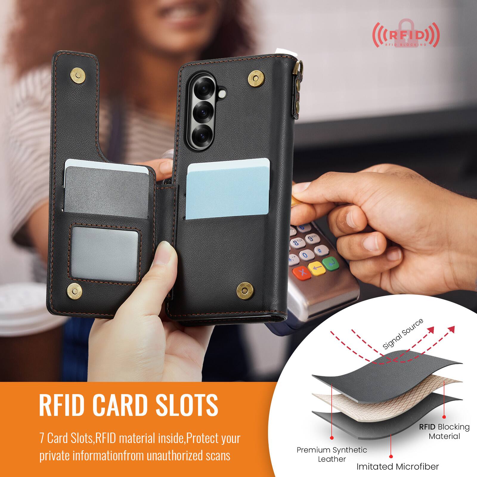 RFID RFID BLOCKING

top 9 8 0 x: 1 X

Source Signal

RFID CARD SLOTS 7 Card Slots, RFID material inside, Protect your private information from unauthorized scans

RFID Blocking Material Premium Synthetic Leather Imitated Microfiber