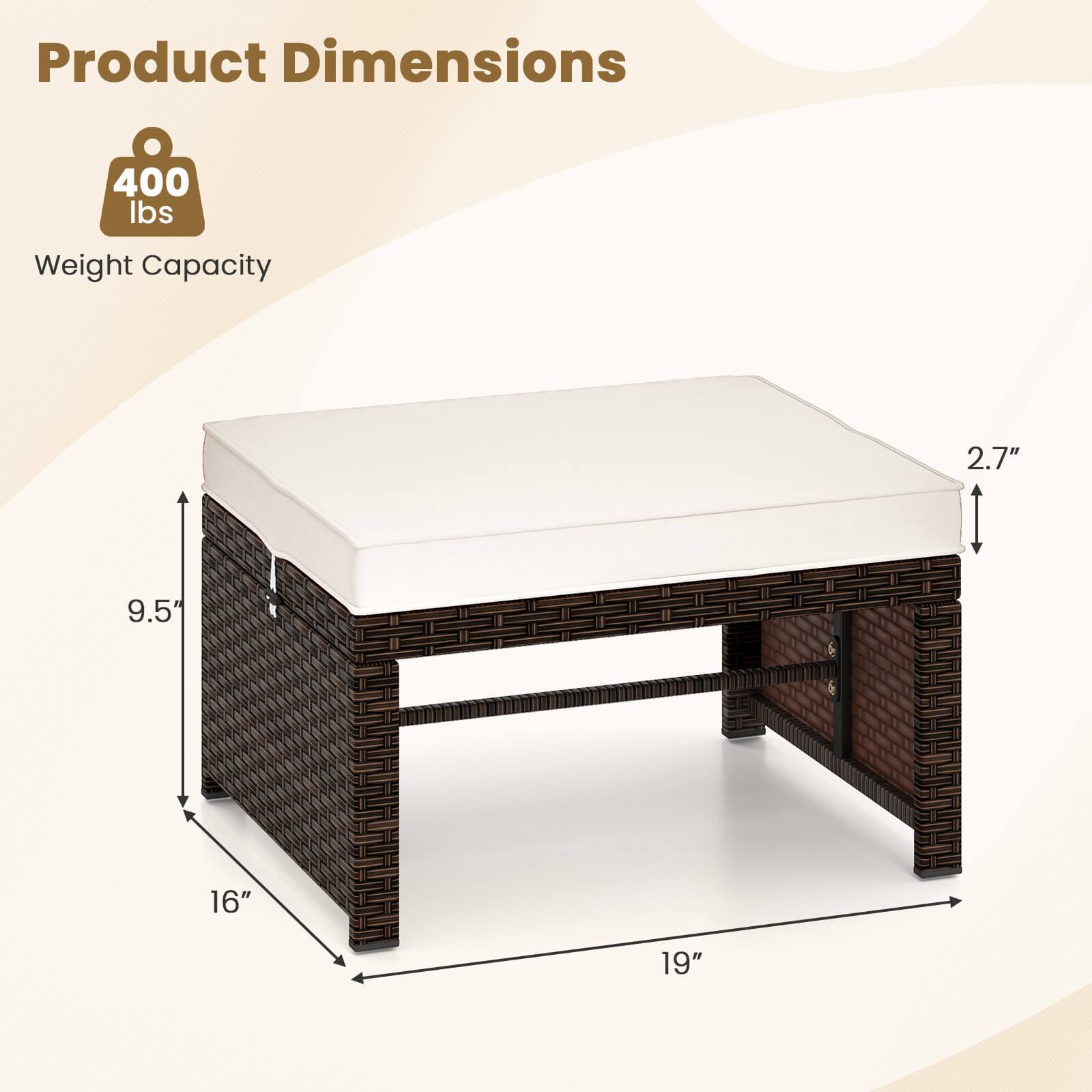 Product Dimensions  
400 lbs Weight Capacity  
2.7"  
9.5"  
16"  
19"