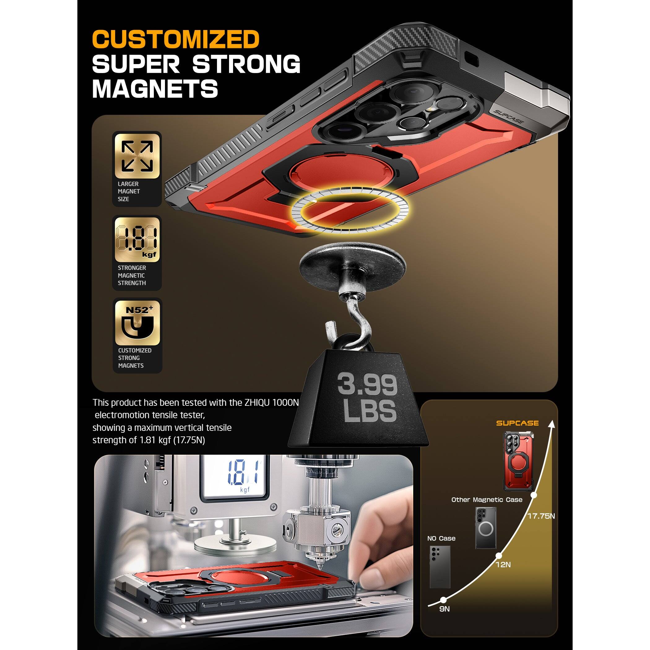 **CUSTOMIZED SUPER STRONG MAGNETS**

- **LARGER MAGNET SIZE**
- **STRONGER MAGNET STRENGTH**
- **N52+**

This product has been tested with the ZHIQU 1000N electromotion tensile tester, showing a maximum vertical tensile strength of 1.81 kgf (17.75N).

**3.99 LBS**

**SUPCASE**

- **Other Magnetic Case**
  - 17.75N
- **NO Case**
  - 12N
- **9N**