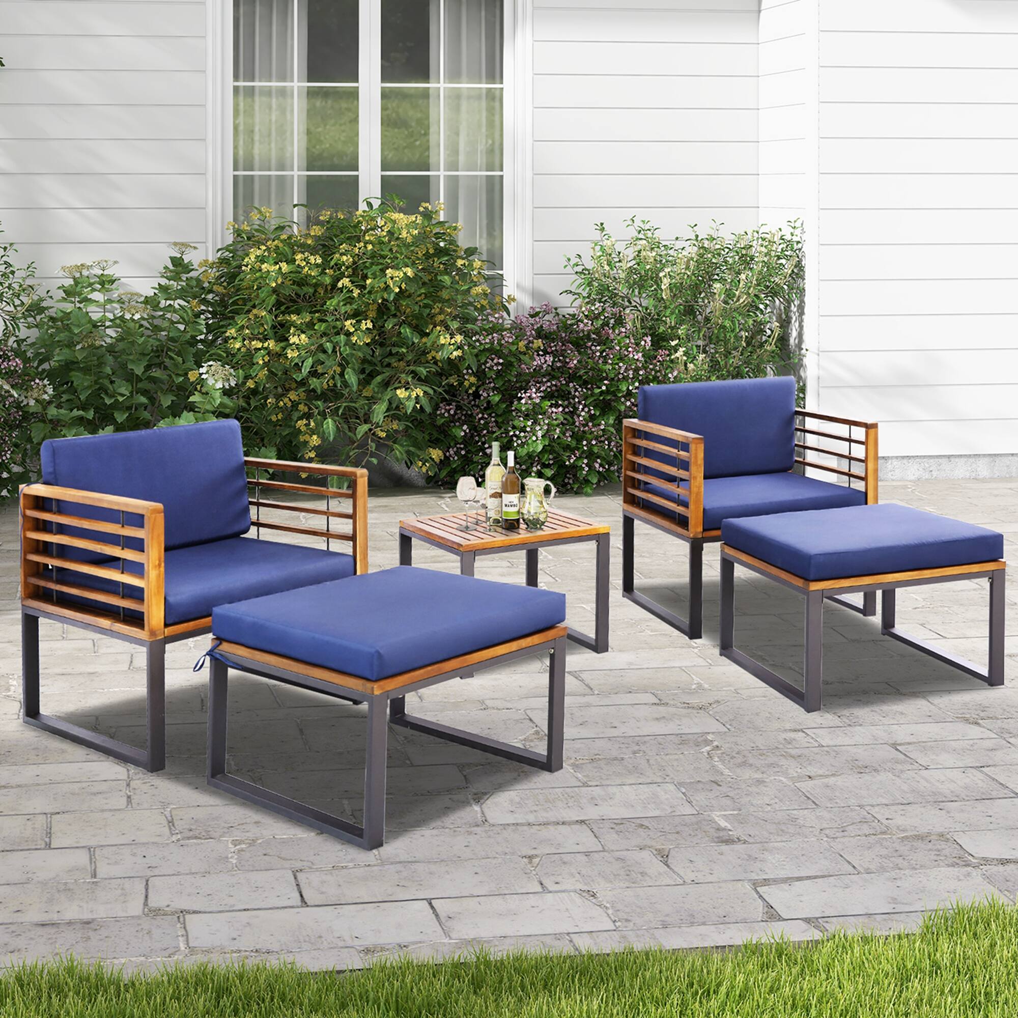 Alt View 2. Costway - Costway 5pcs Patio Acacia Wood Cushioned Chair Ottoman Table Furniture Set Outdoor - Black,Natural,Navy Blue.